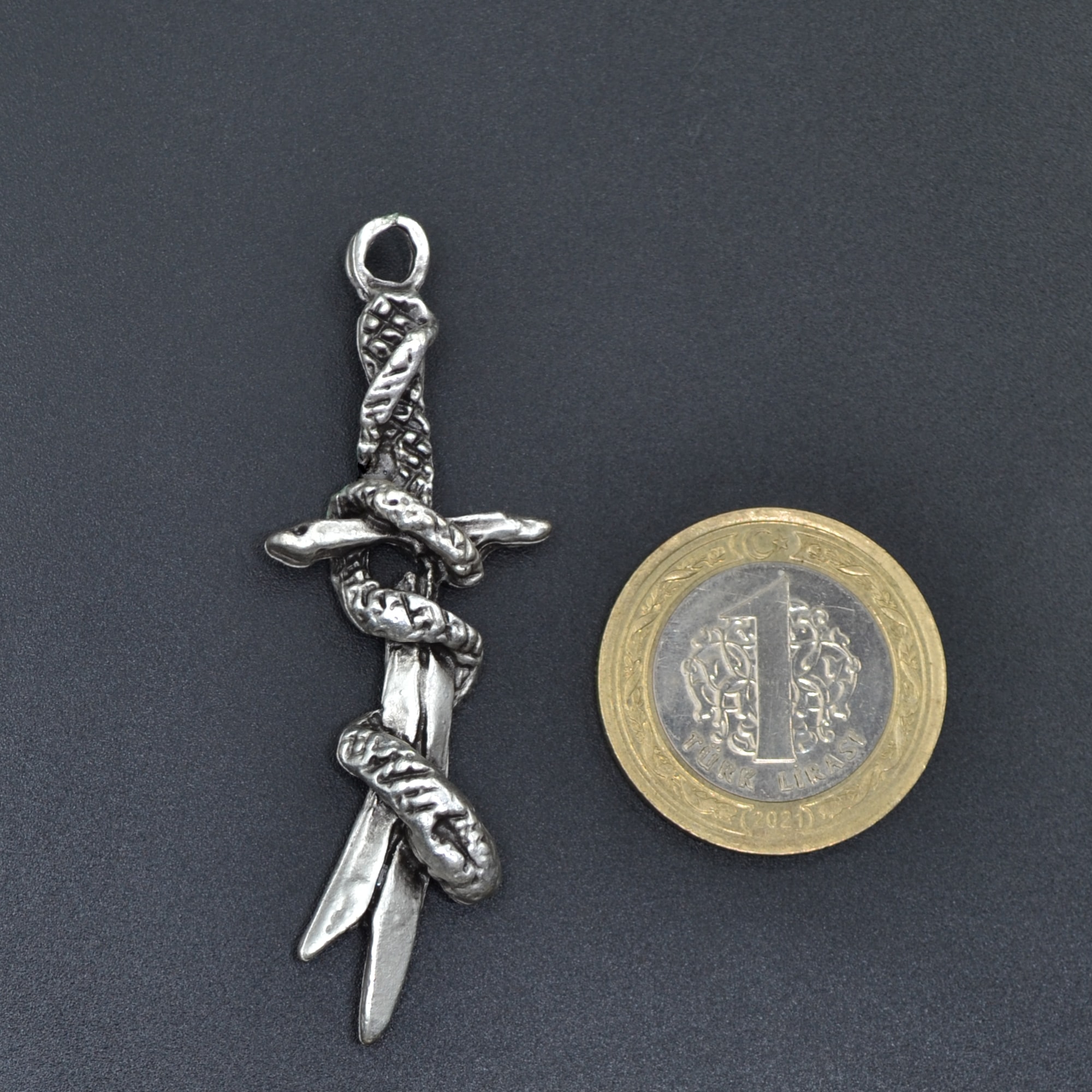 Yılanlı Kılıç Kolye - Gümüş ( Silver ) Renk - 60 cm Deri İp Kolye