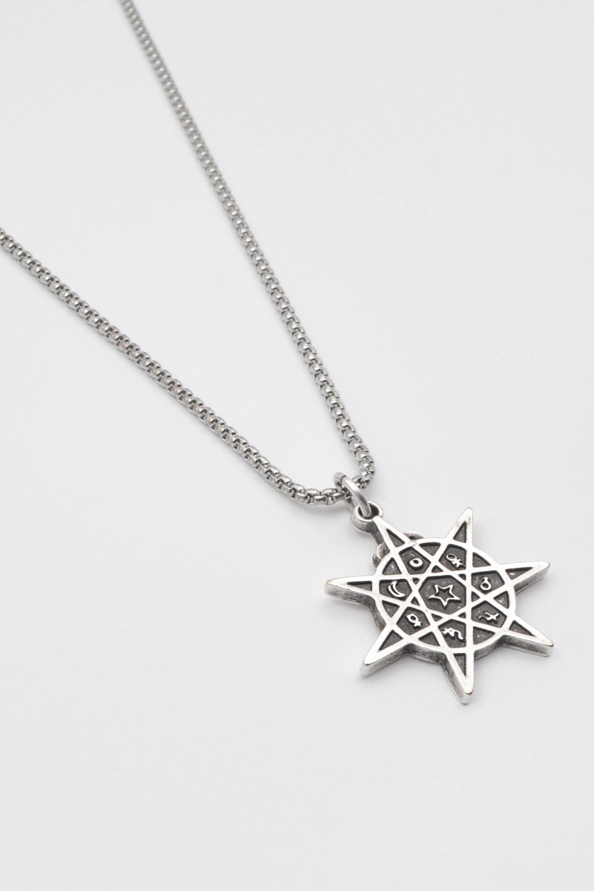 Astroloji 7 Nokta Yıldız Kolye - Gümüş ( Silver ) Renk - 60 cm Örme Zincir Kolye