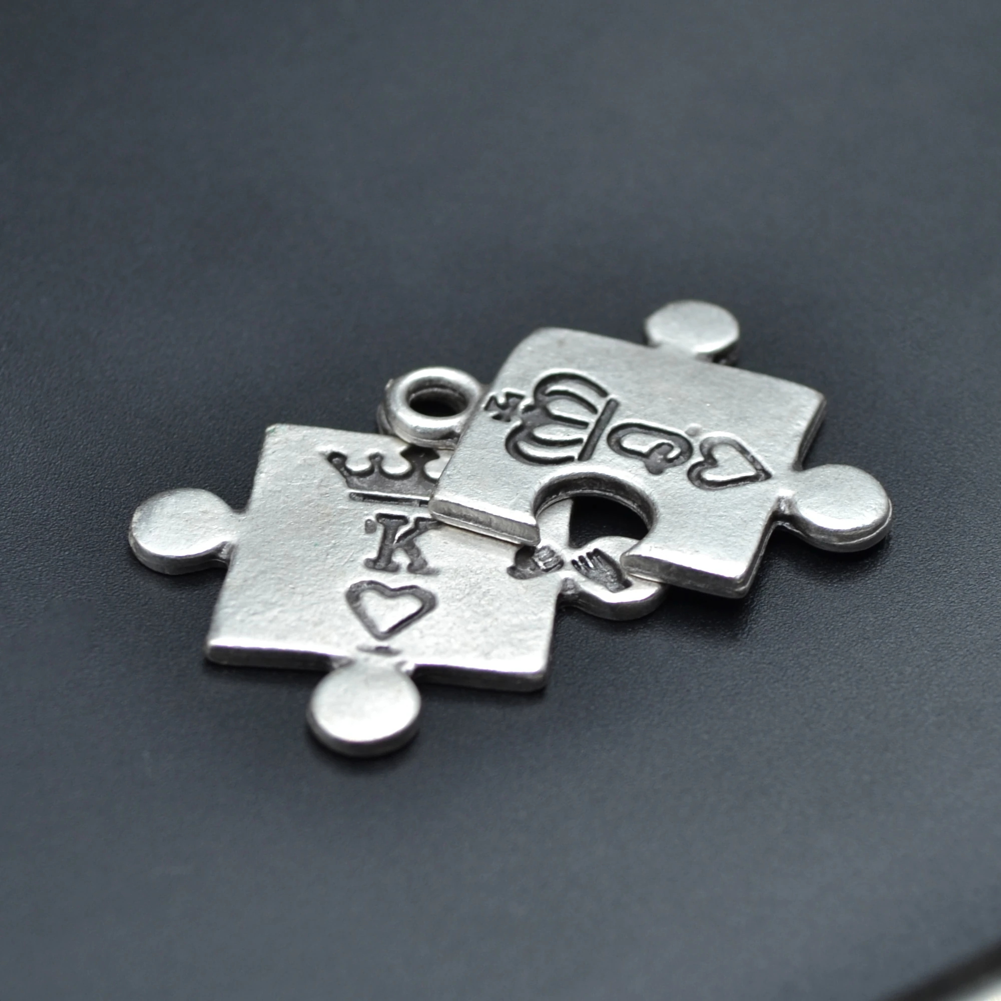 Puzzle - Queen - King Kolye - Gümüş ( Silver ) Renk - 60 cm Düz Ezme Zincir Kolye