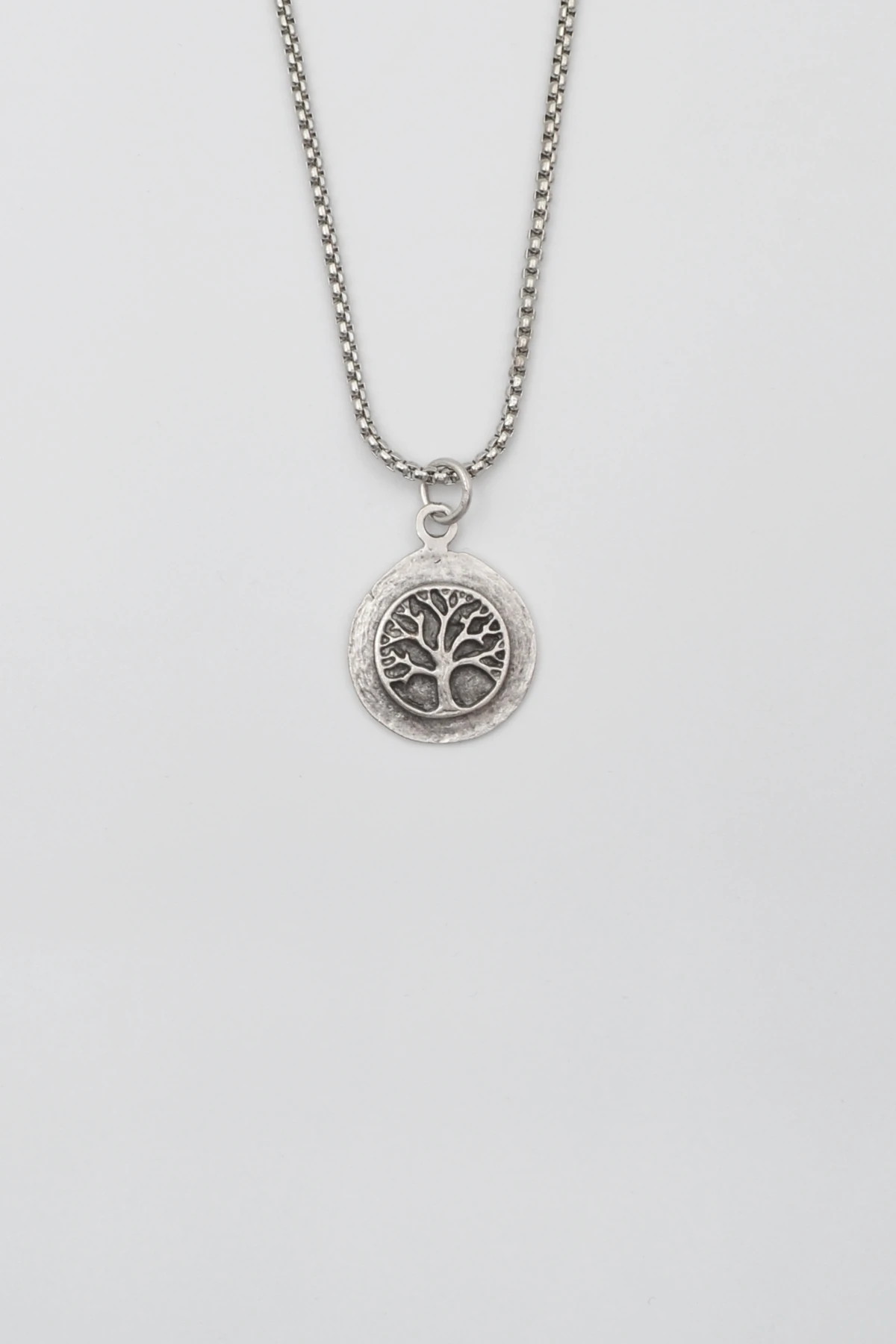 Yaşam - Hayat Ağacı Örme Zincir Kolye - Antik Gümüş Kaplama - Kadın Erkek - 60 cm