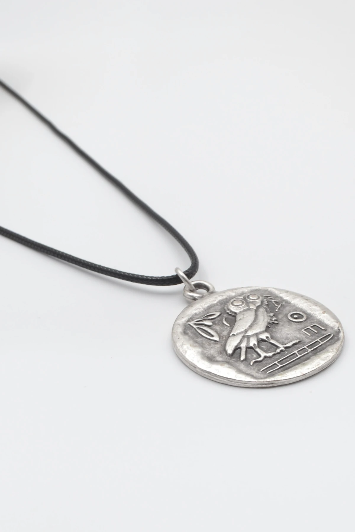 Yunan Mitolojisi Baykuş Siyah Deri İp Kolye - Antik Gümüş Kaplama - Kadın Erkek - 60 cm