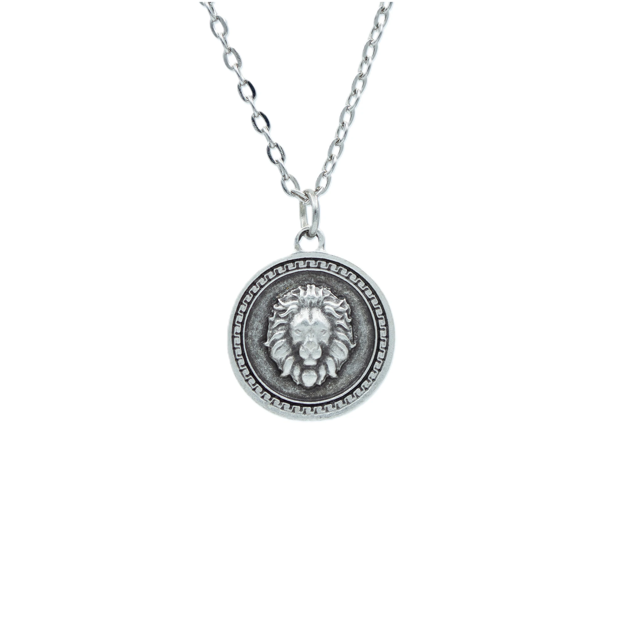 Aslan Kabartmalı Madalyon Kolye - Gümüş ( Silver ) Renk - 60 cm Düz Ezme Zincir Kolye