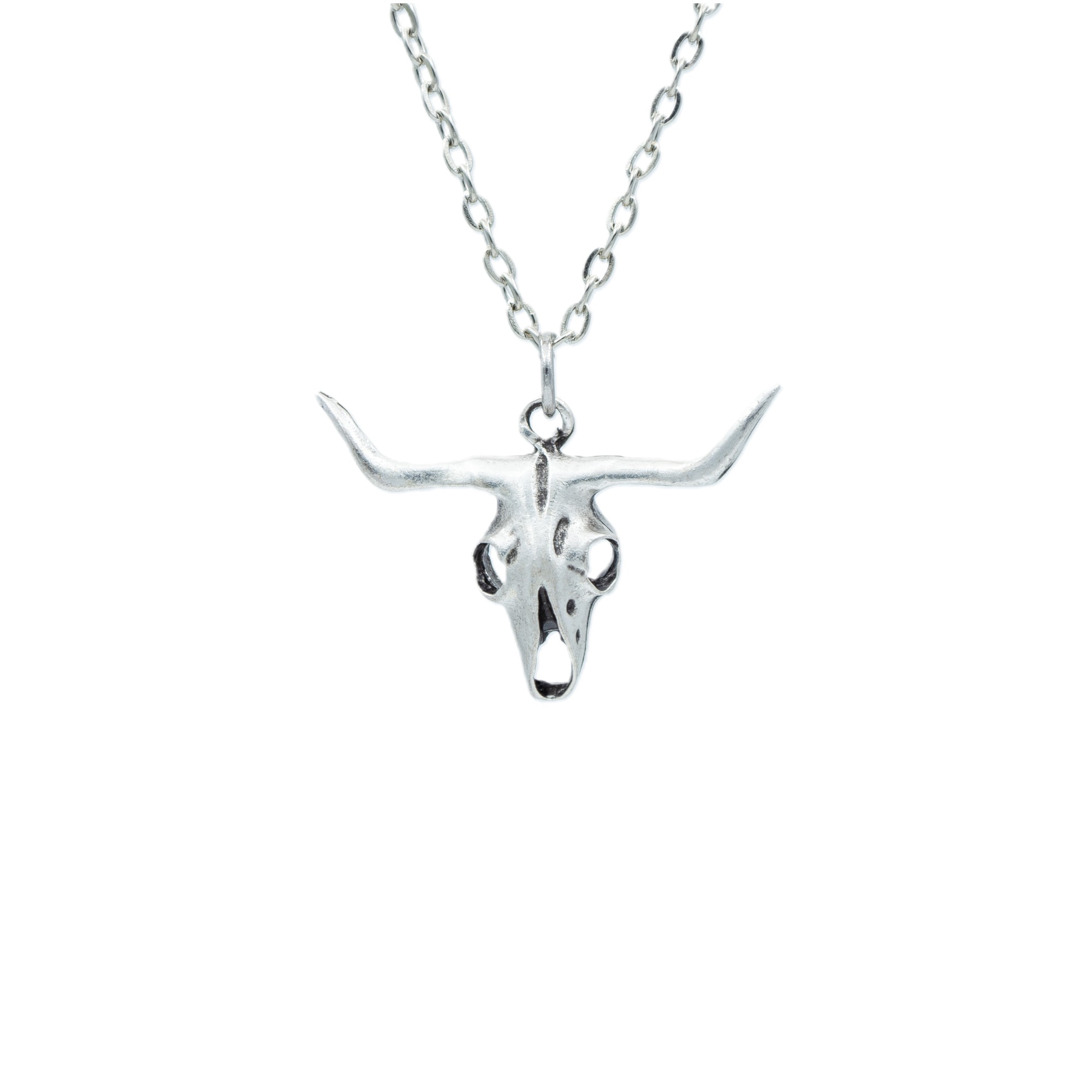 Boğa - Kuru Kafa Kolye - Gümüş ( Silver ) Renk - 60 cm Düz Ezme Zincir Kolye