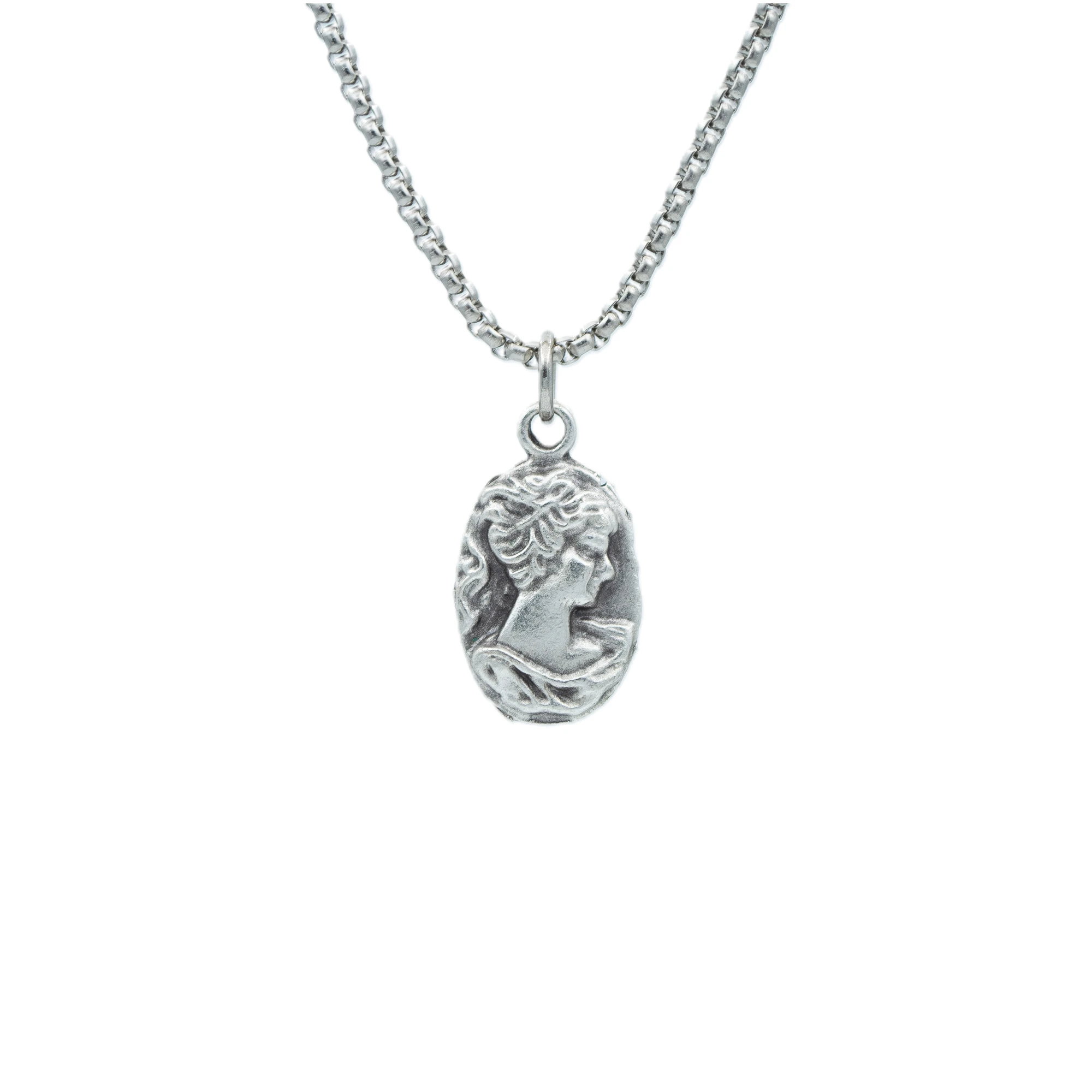 Minimal Vintage Cameo Kolye - Gümüş ( Silver ) Renk - 60 cm Örme Zincir Kolye