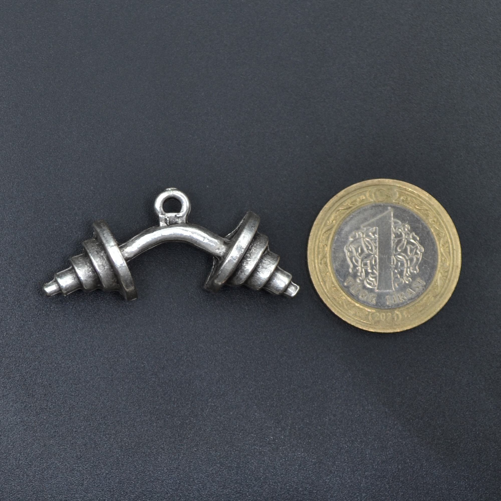 Sporcu Halter - Dambıl Kolye - Gümüş ( Silver ) Renk - 60 cm Deri İp Kolye