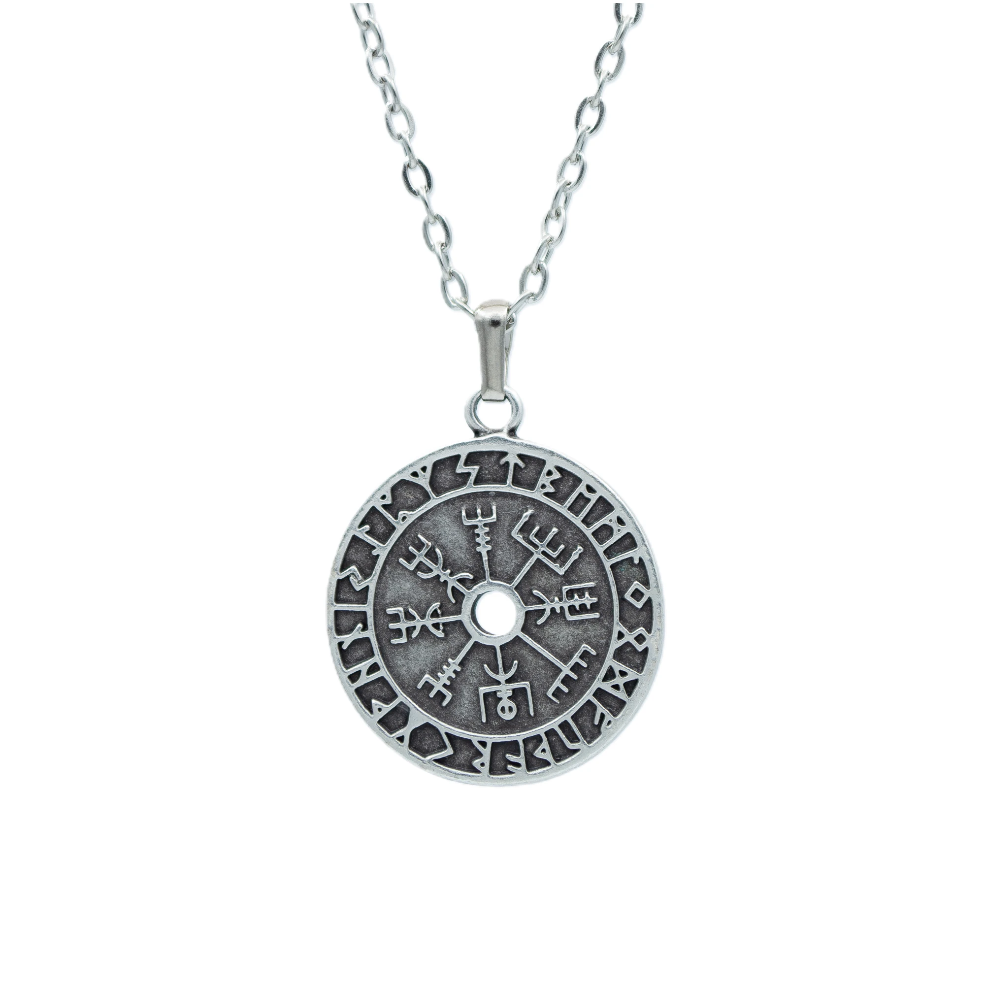 Vegvisir Pusula - Viking Sembol Kolye - Gümüş ( Silver ) Renk - 60 cm Düz Ezme Zincir Kolye