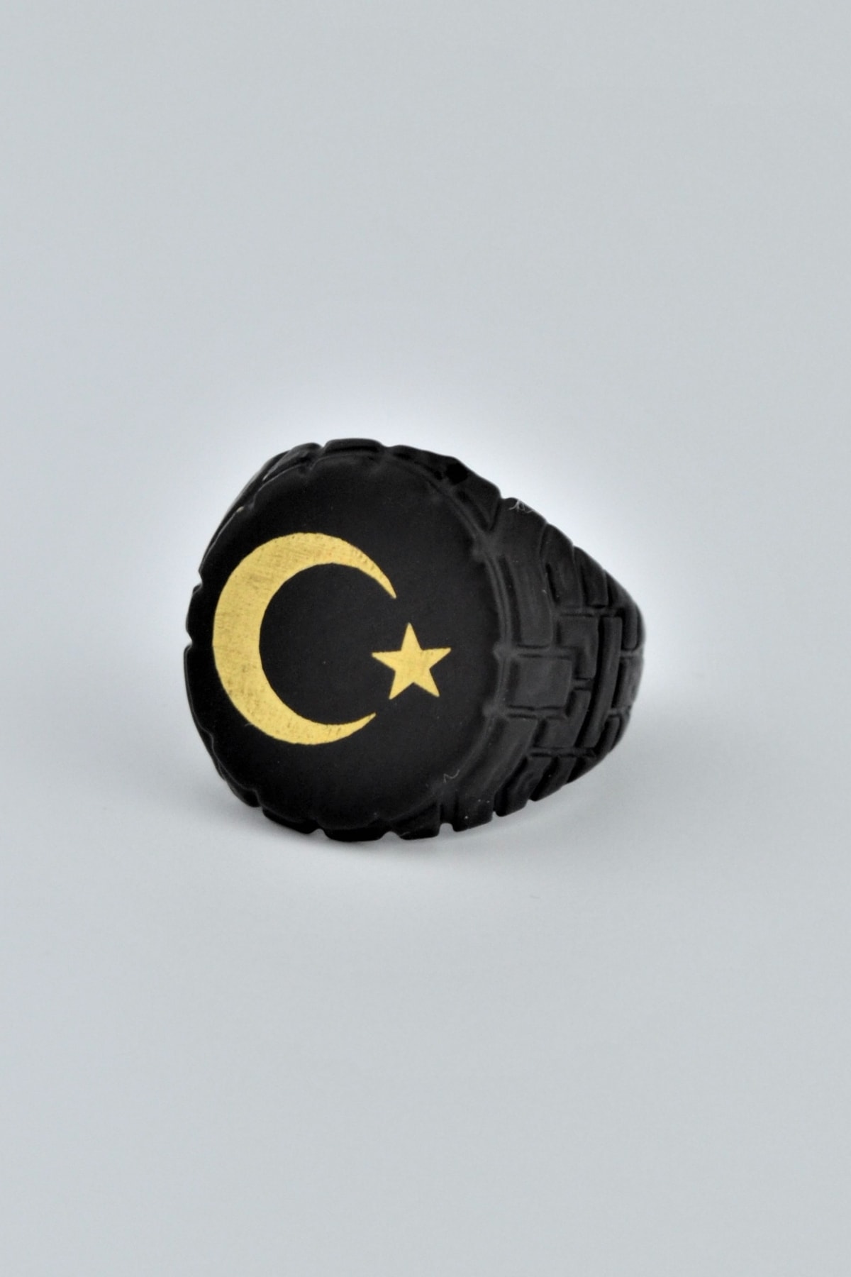 Ay Yıldız Yuvarlak Mat Siyah Ayarlamalı Erkek Yüzük