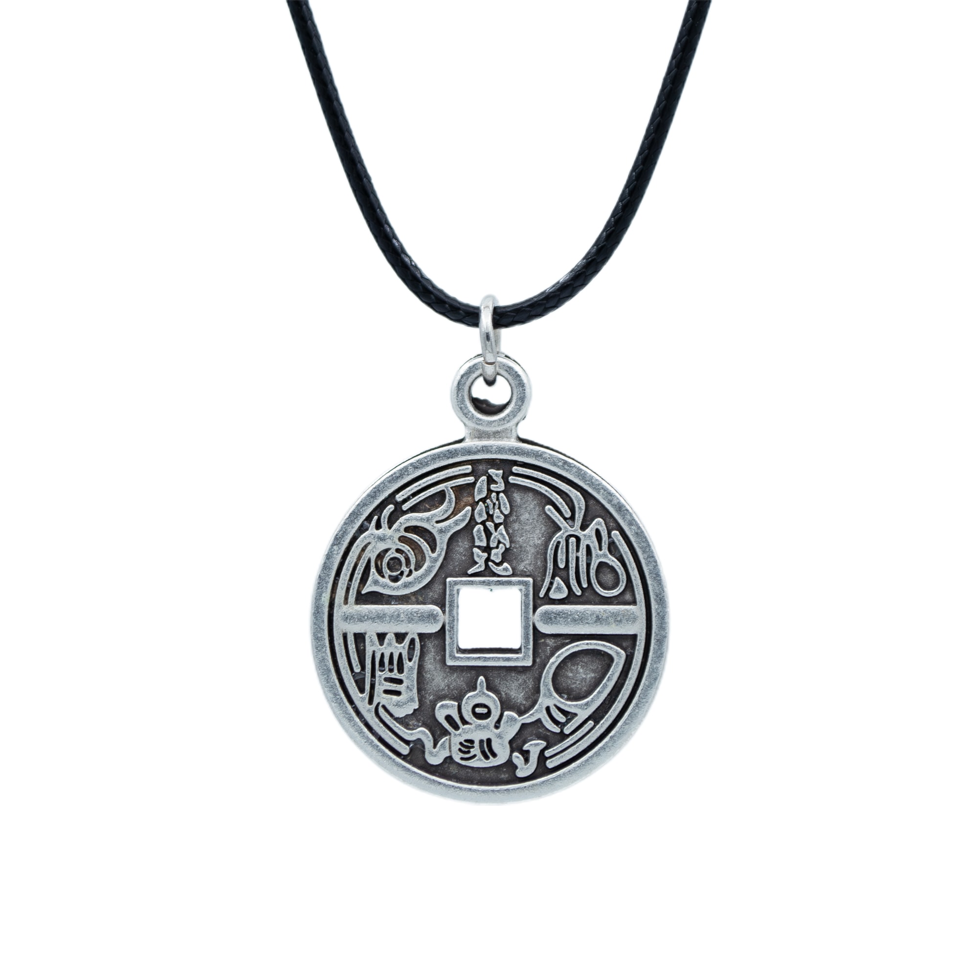 Feng Shui Çin Şans Parası Kolye - Gümüş ( Silver ) Renk - 60 cm Deri İp Kolye