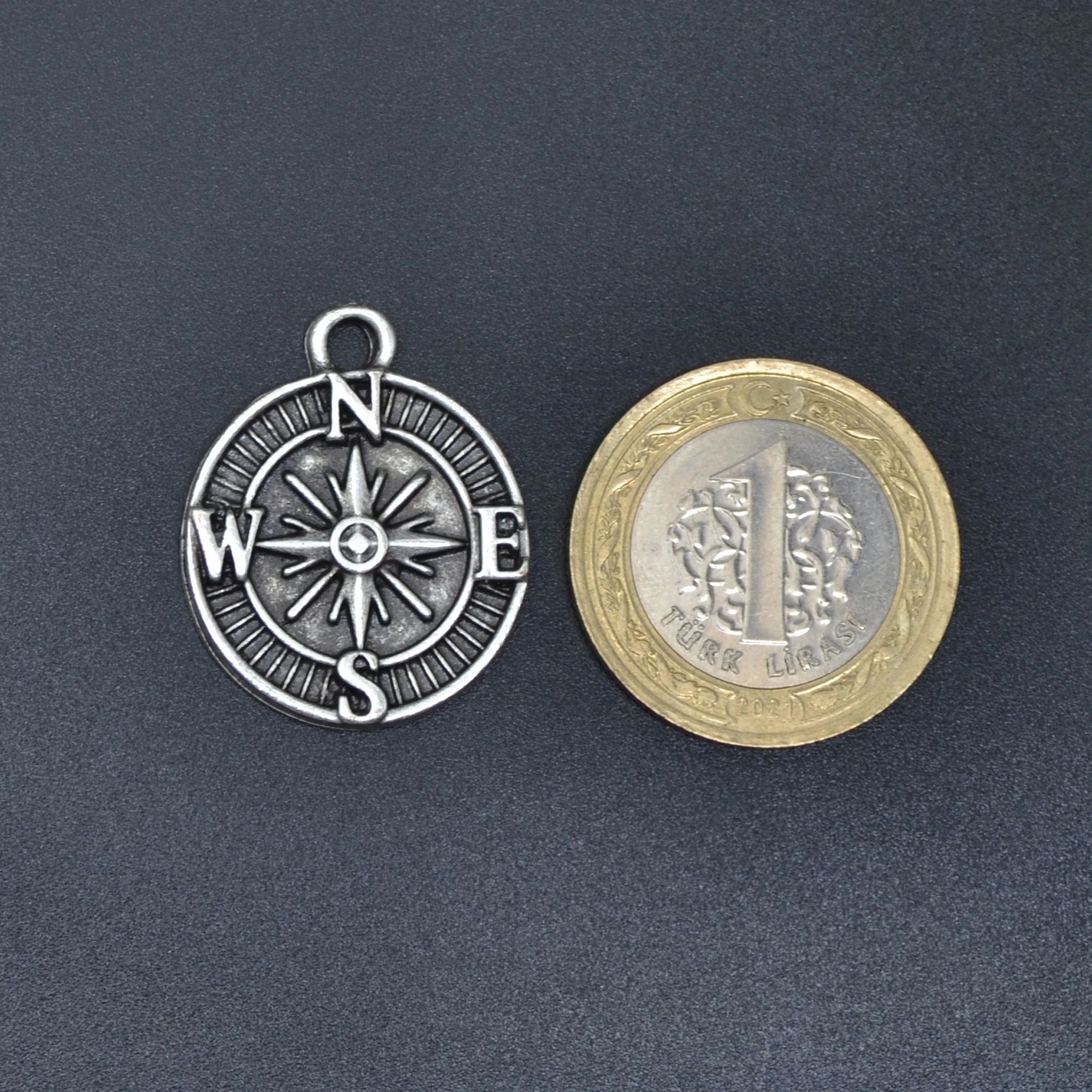 Minimal Pusula Kolye - Gümüş ( Silver ) Renk - 60 cm Deri İp Kolye