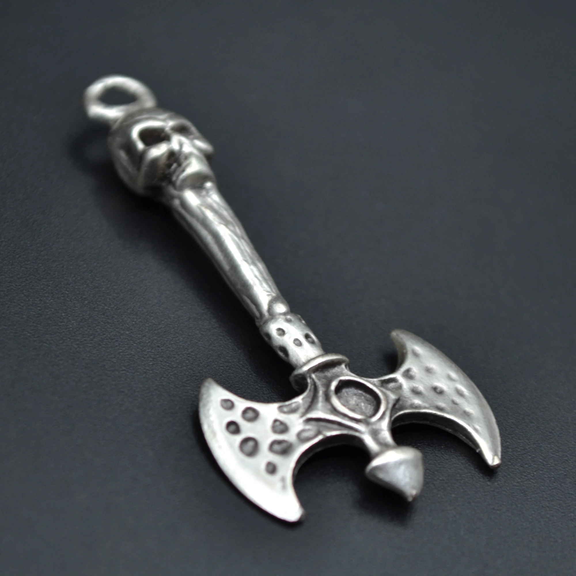 Çift Taraflı Savaşçı Balta Kolye - Gümüş ( Silver ) Renk - 60 cm Deri İp Kolye