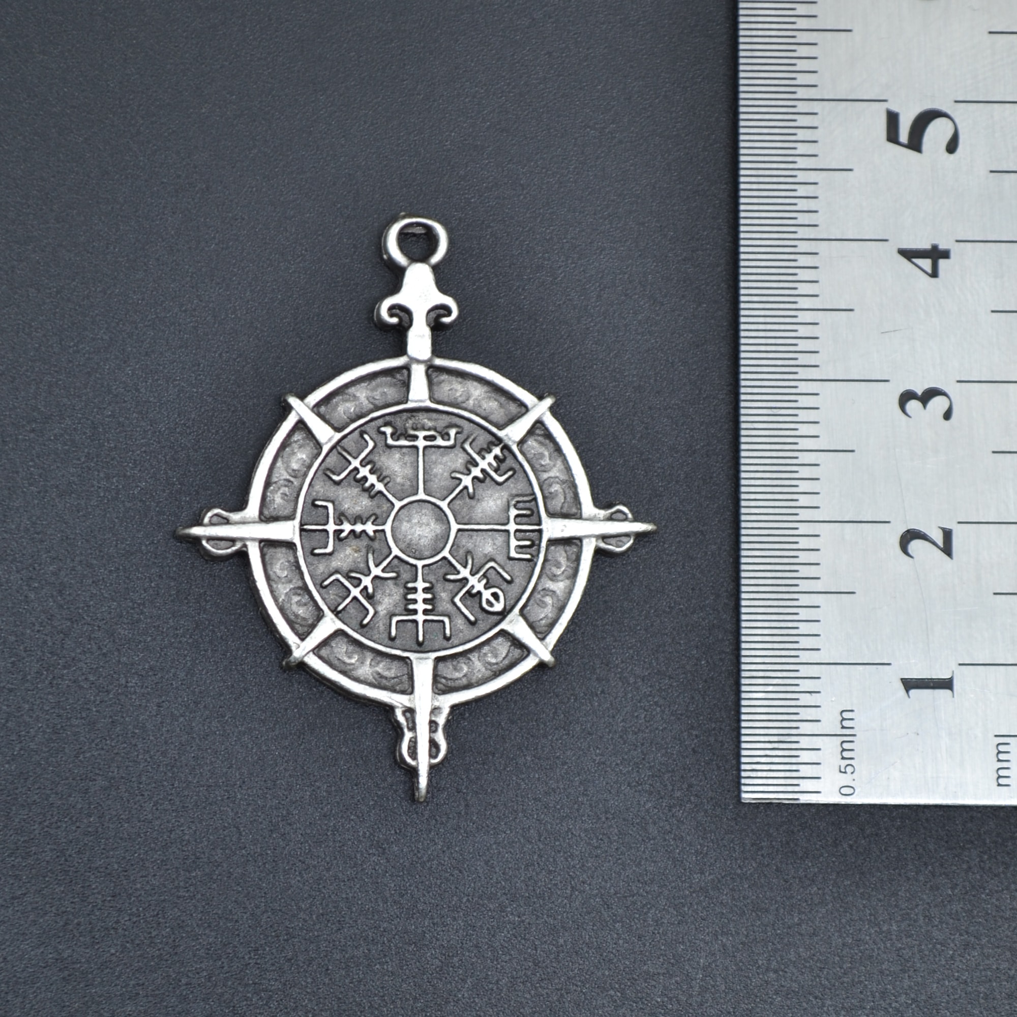 Viking Vegvisir Pusula Kolye - Gümüş ( Silver ) Renk - 60 cm Düz Ezme Zincir Kolye