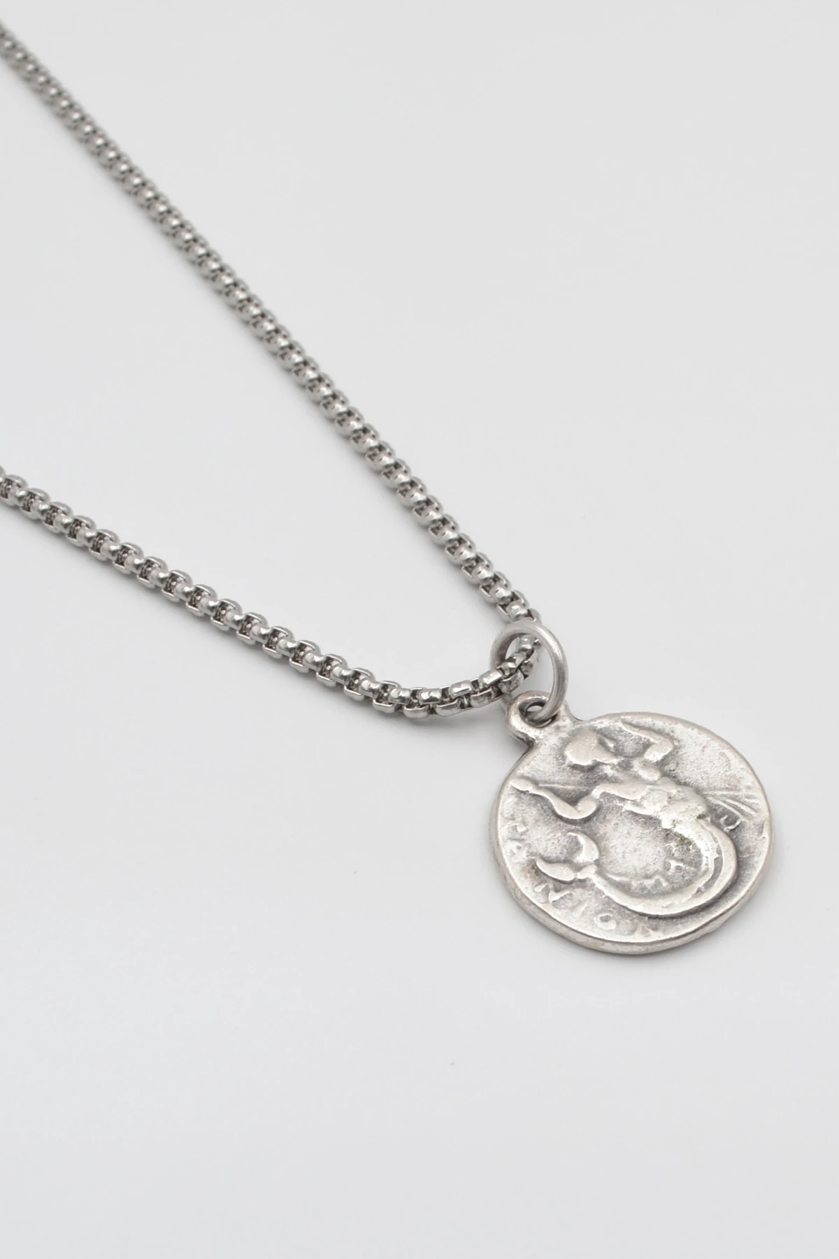 Antik Yunan Sikke Örme Zincir Kolye - Antik Gümüş Kaplama - Kadın Erkek - 60 cm