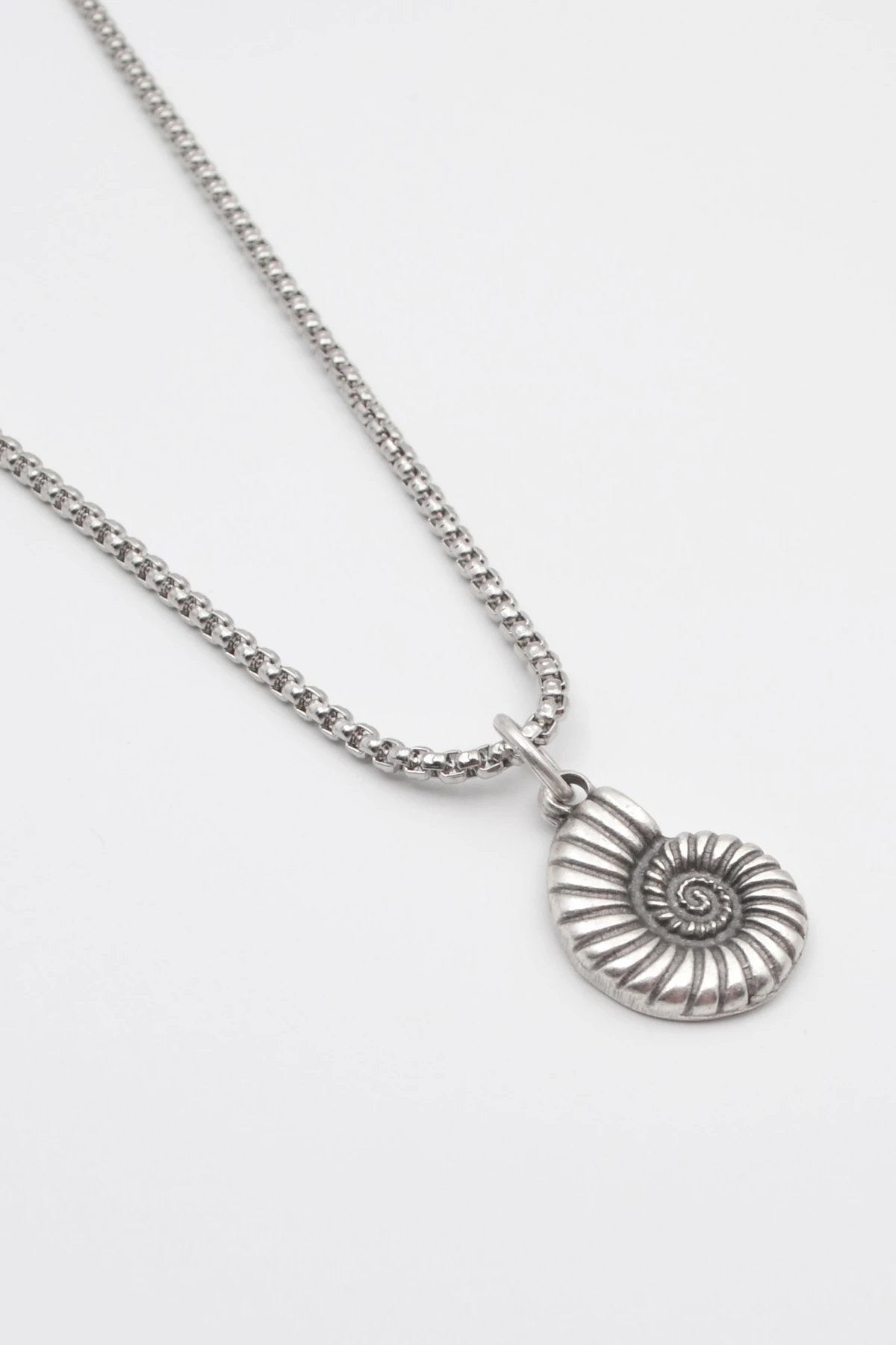 Spiral Deniz Kabuğu Örme Zincir Kolye - Antik Gümüş Kaplama - Kadın Erkek - 60 cm