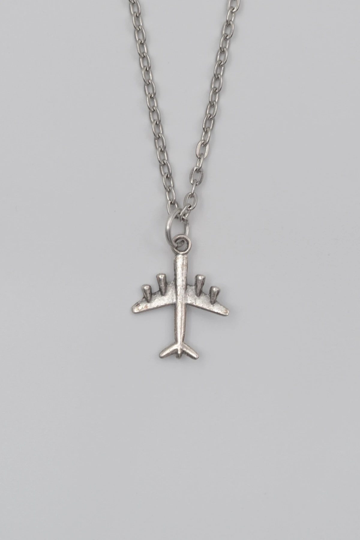 Küçük Uçak Düz Ezme Zincir Kolye - Antik Gümüş Kaplama - Kadın Erkek - 60 cm