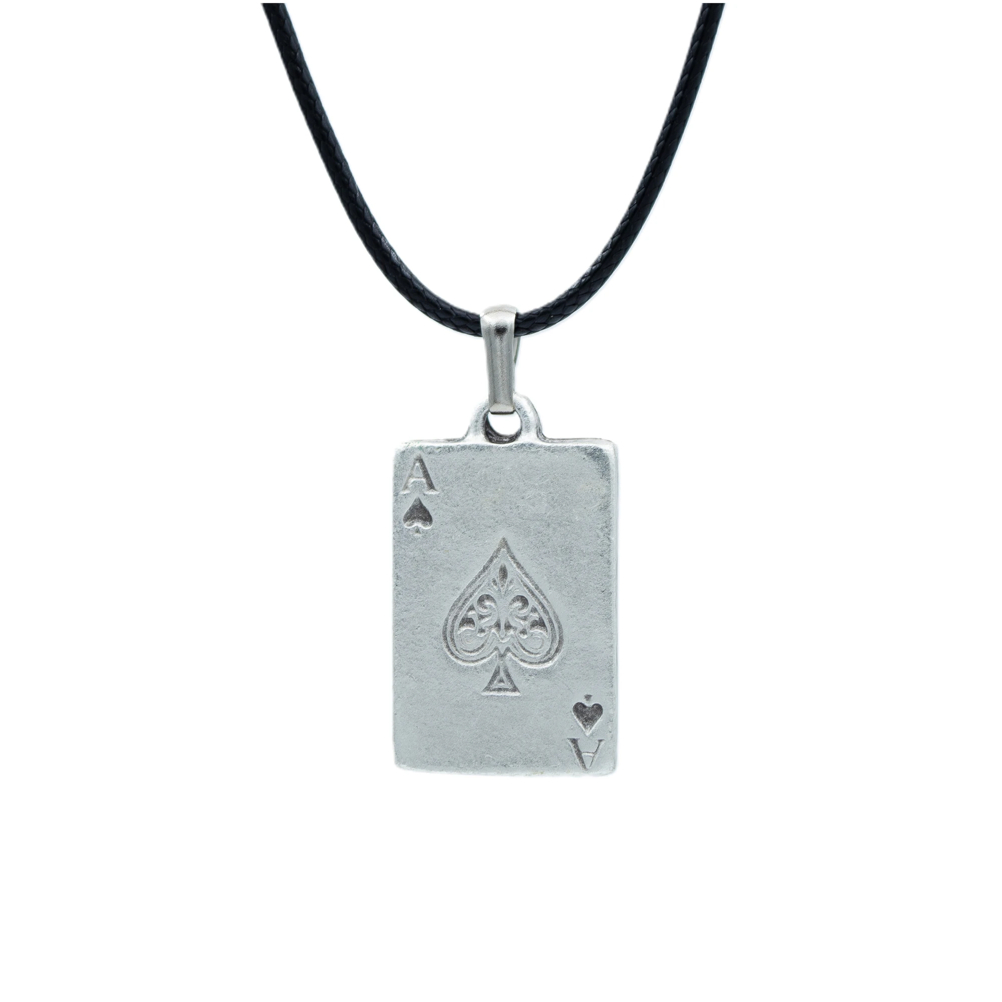 Maça As Poker İskambil Kolye - Gümüş ( Silver ) Renk - 60 cm Deri İp Kolye