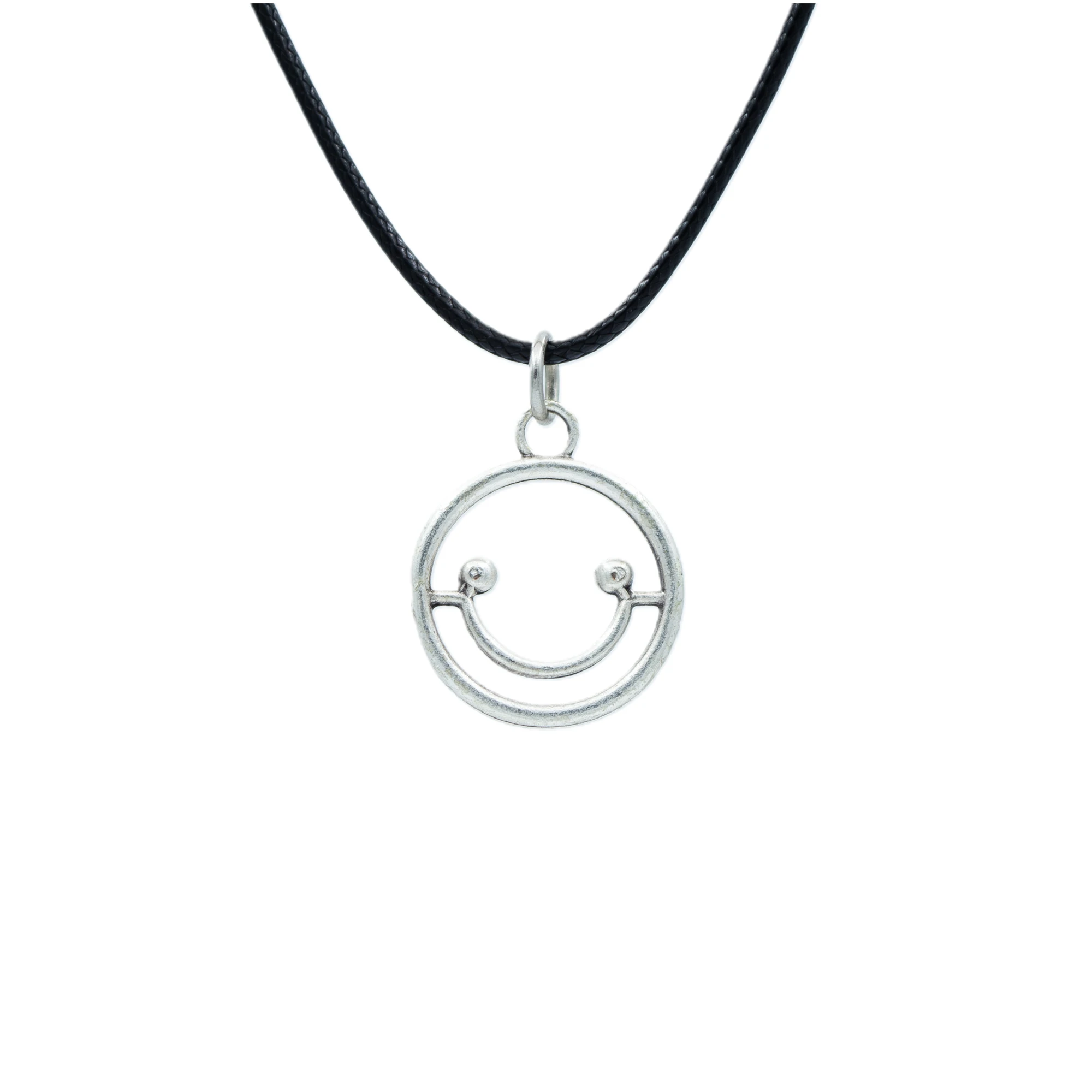 Minimal Gülen Surat - Smile Kolye - Gümüş ( Silver ) Renk - 60 cm Deri İp Kolye