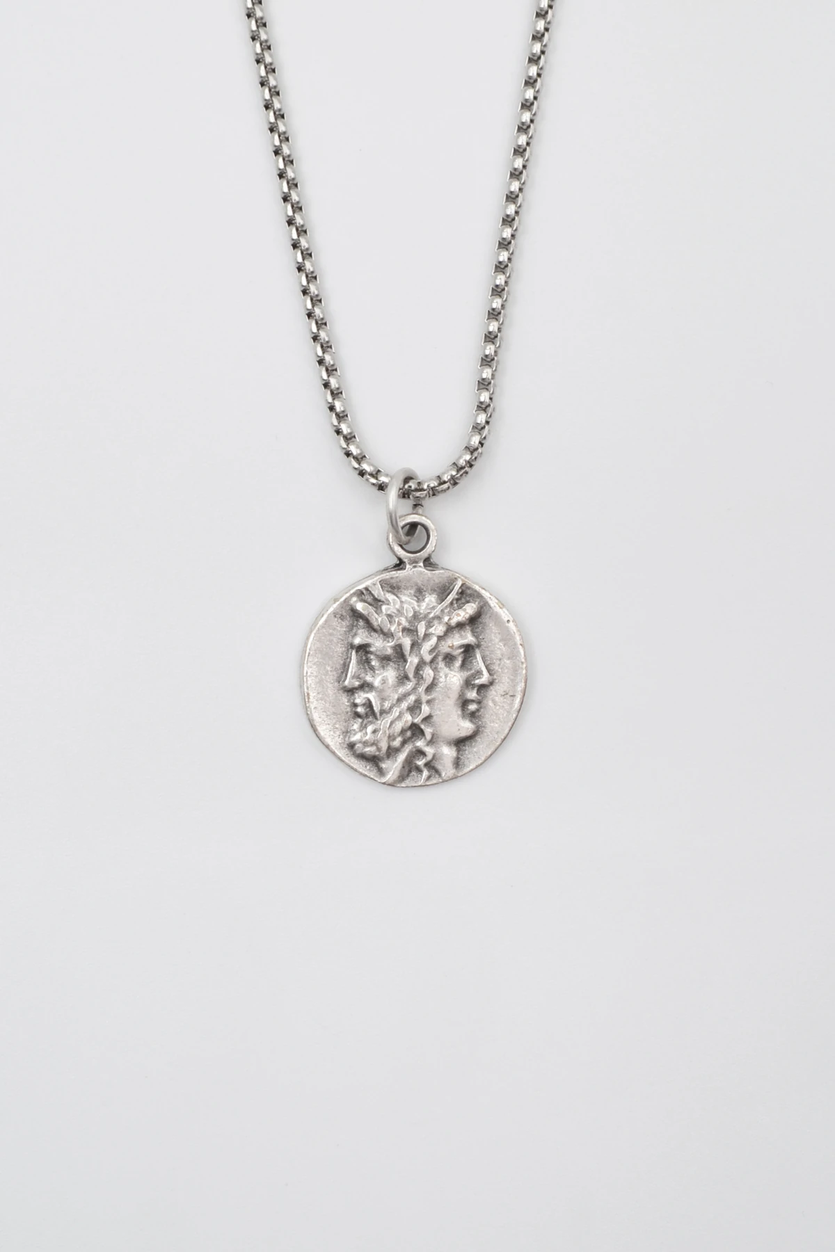 İki Yüzlü Janus Örme Zincir Kolye - Antik Gümüş Kaplama - Kadın Erkek - 60 cm