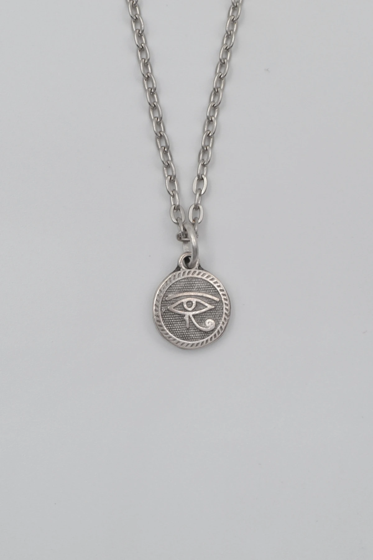 Horus'un Gözü Düz Ezme Zincir Kolye - Antik Gümüş Kaplama - Kadın Erkek - 60 cm
