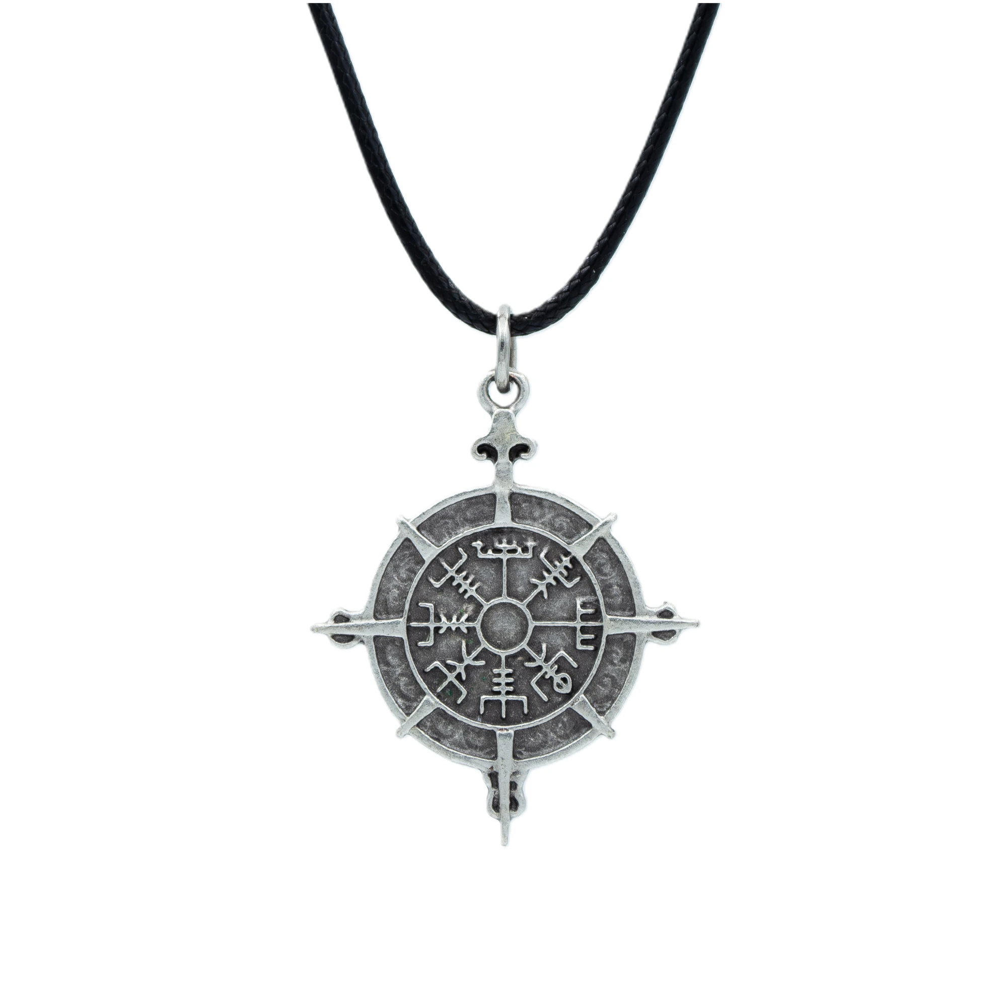 Viking Vegvisir Pusula Kolye - Gümüş ( Silver ) Renk - 60 cm Deri İp Kolye
