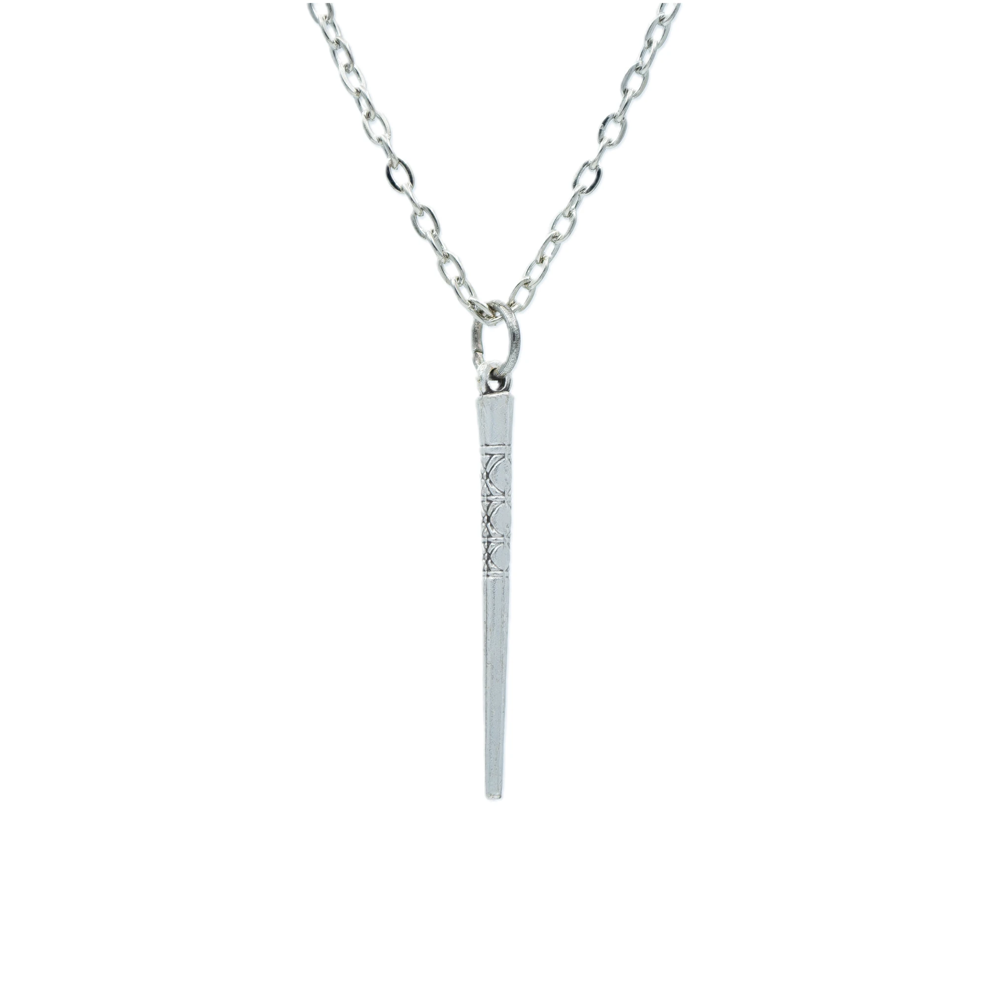 Etnik Desenli Çubuk Kolye - Gümüş ( Silver ) Renk - 60 cm Düz Ezme Zincir Kolye