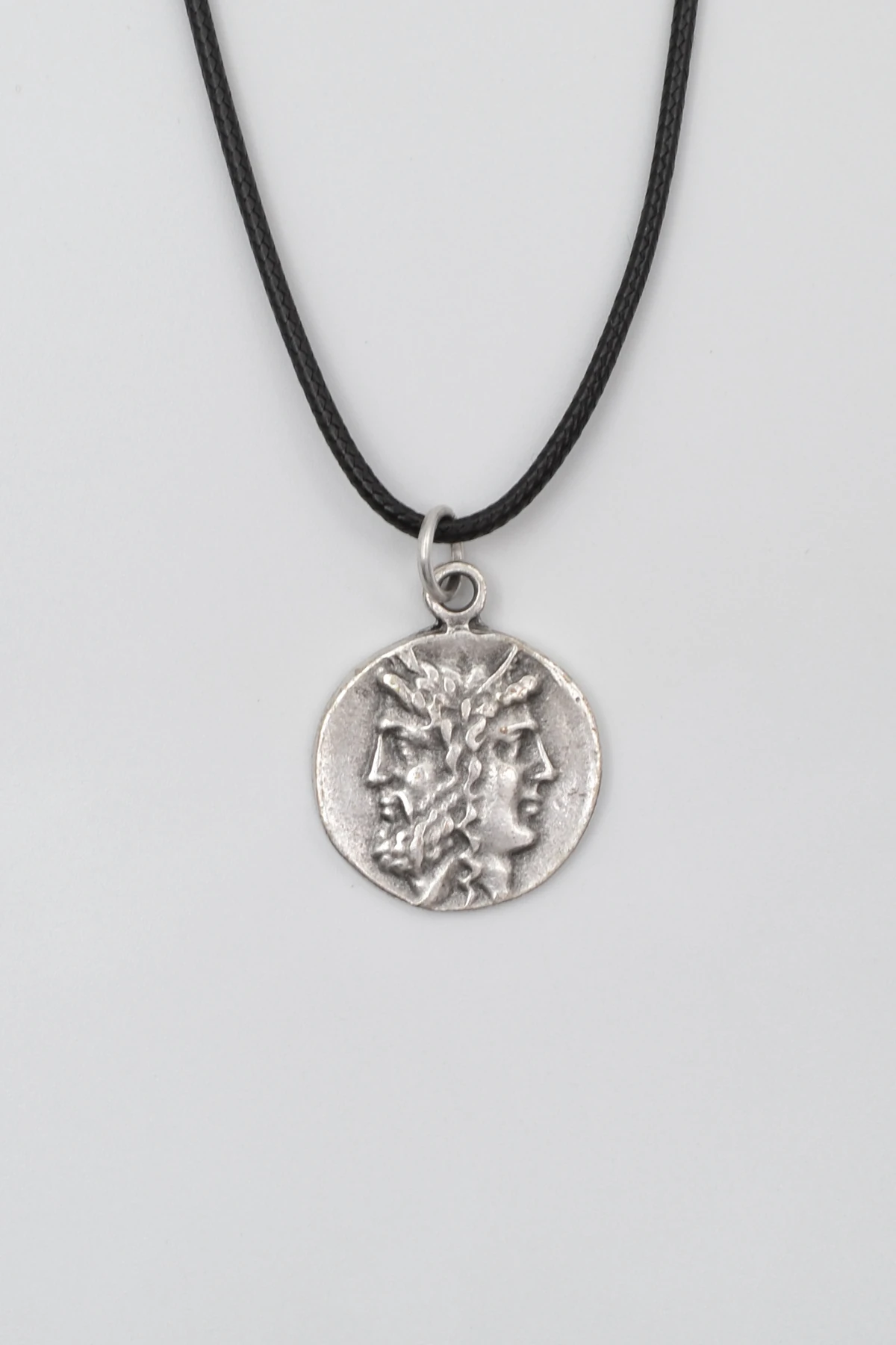 İki Yüzlü Janus Siyah Deri İp Kolye - Antik Gümüş Kaplama - Kadın Erkek - 60 cm