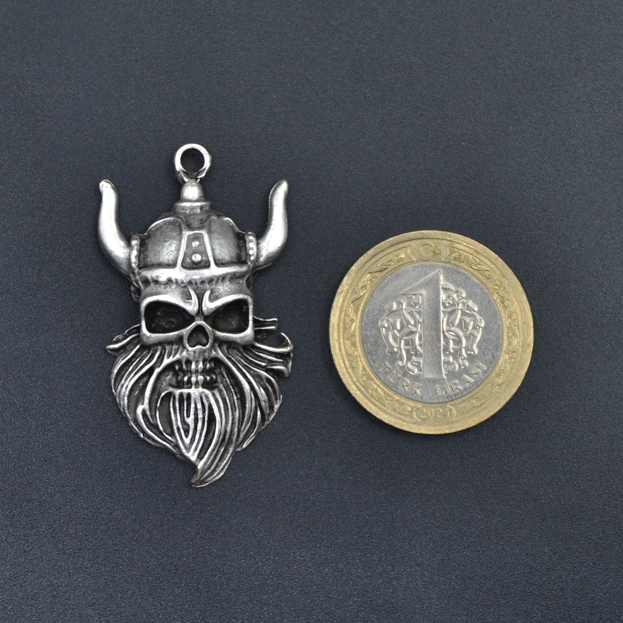 Viking Sakallı Kuru Kafa Kolye - Gümüş ( Silver ) Renk - 60 cm Deri İp Kolye