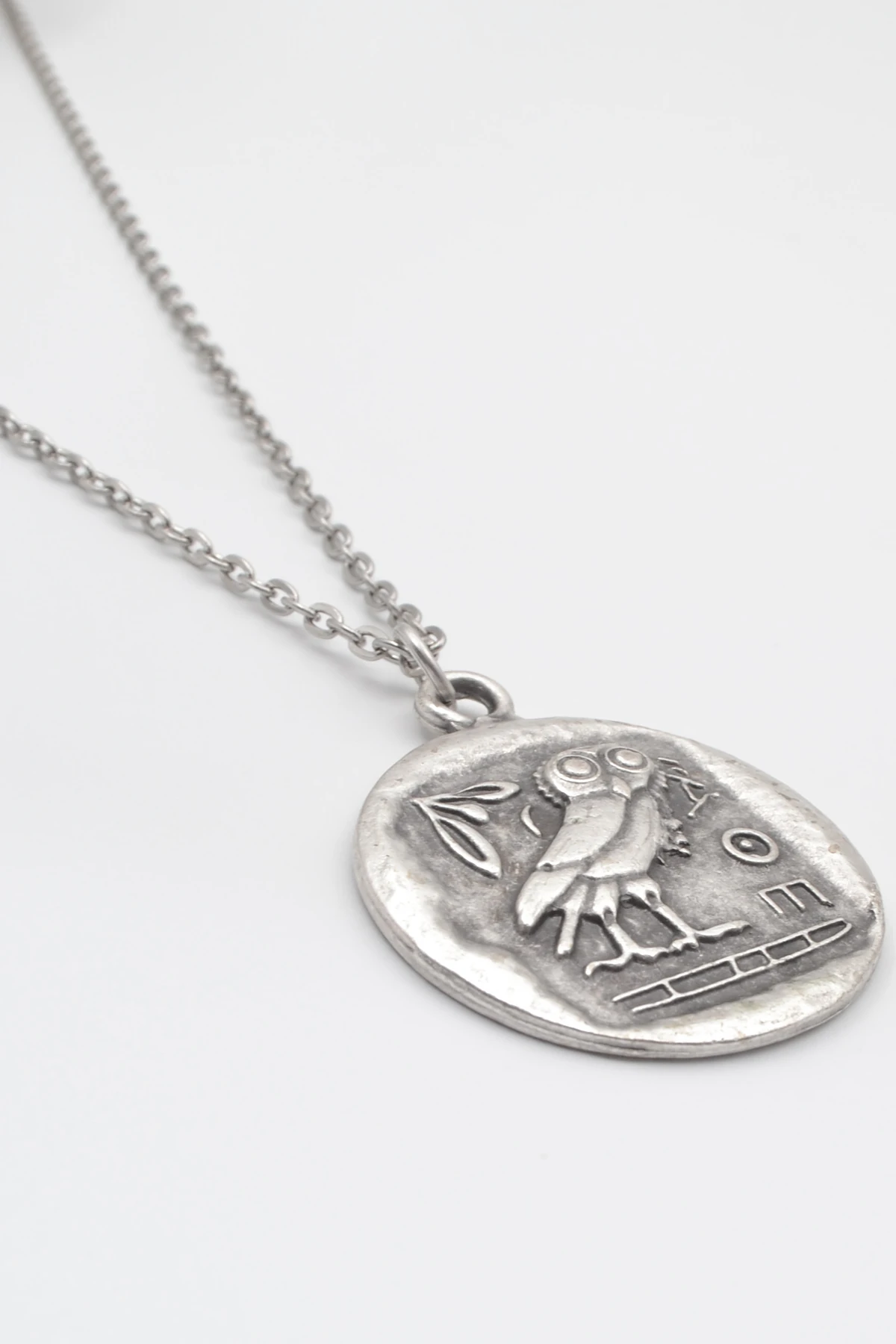 Yunan Mitolojisi Baykuş Düz Ezme Zincir Kolye - Antik Gümüş Kaplama - Kadın Erkek - 60 cm