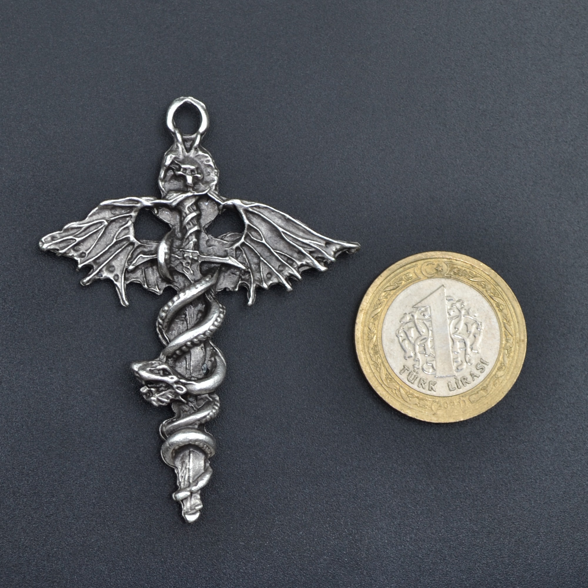 Kılıç Yılan Yarasa Kolye - Gümüş ( Silver ) Renk - 60 cm Deri İp Kolye