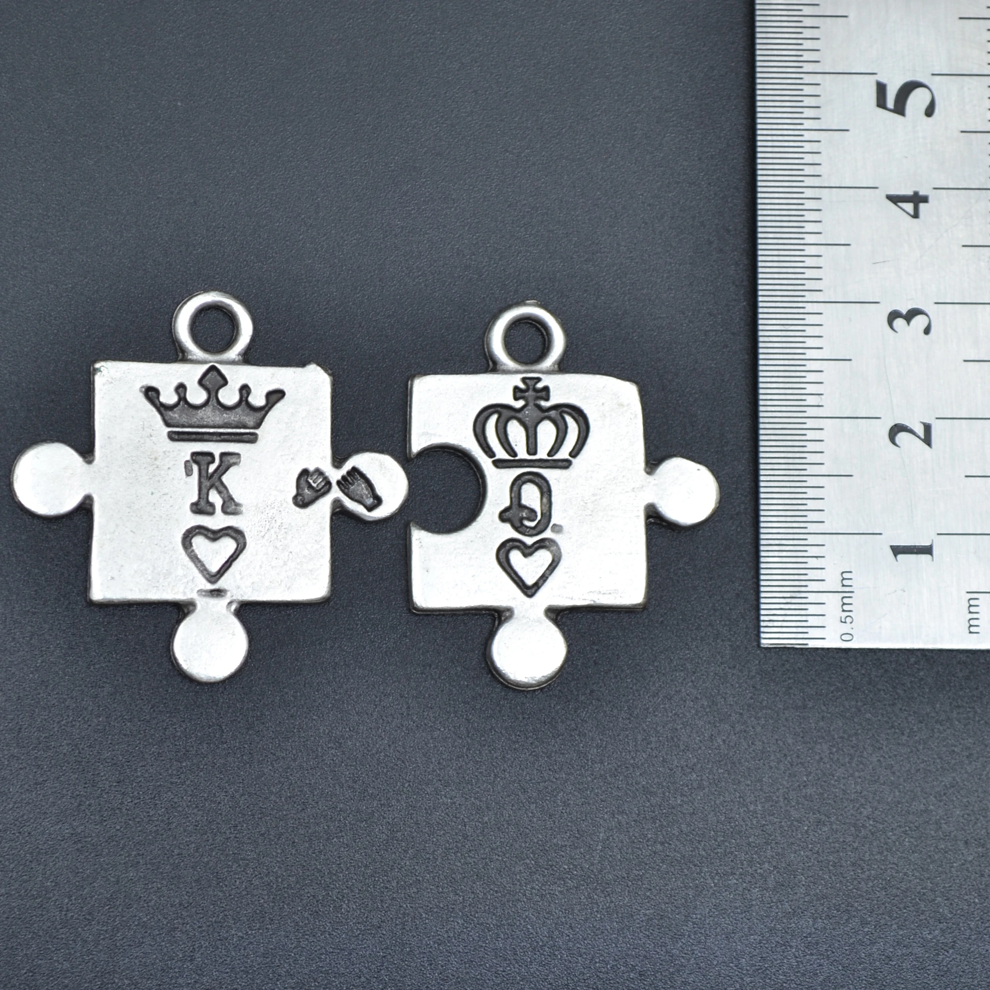 Puzzle - Queen - King Kolye - Gümüş ( Silver ) Renk - 60 cm Deri İp Kolye