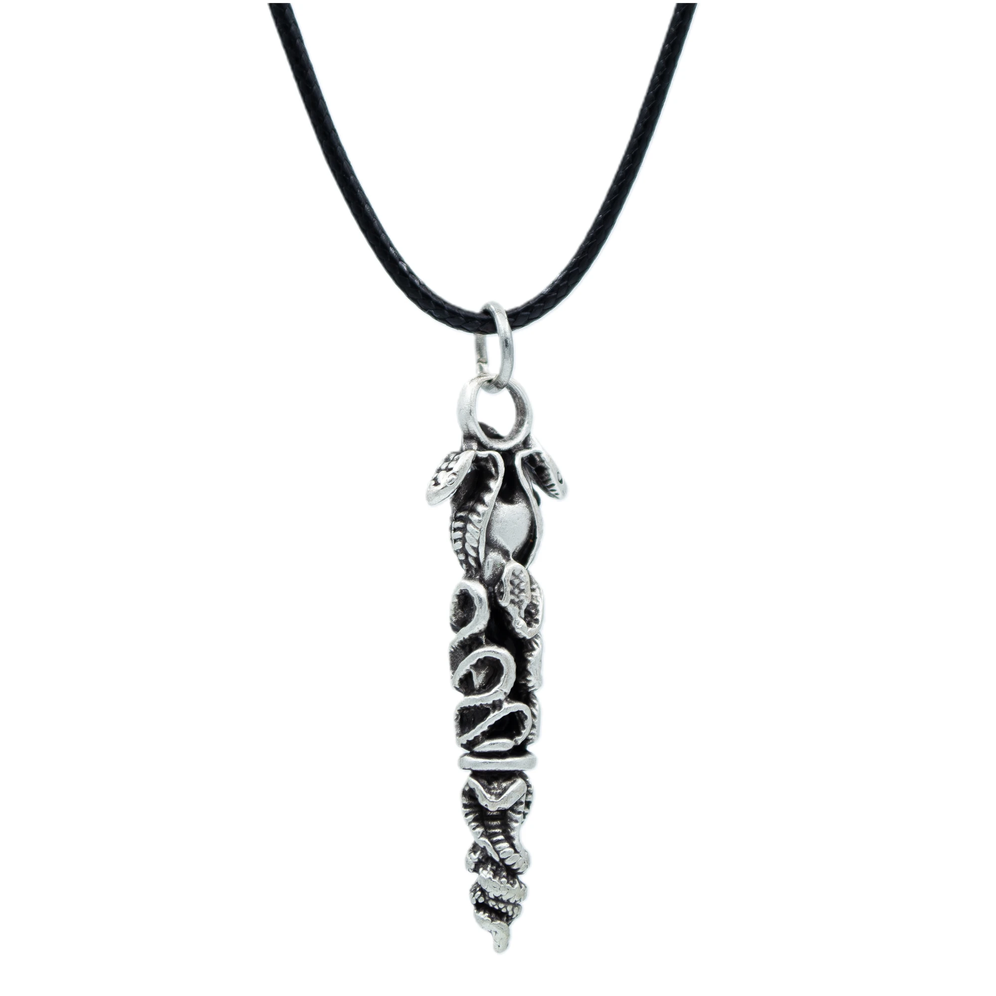 Çift Yılanlı Çubuk Kolye - Gümüş ( Silver ) Renk - 60 cm Deri İp Kolye