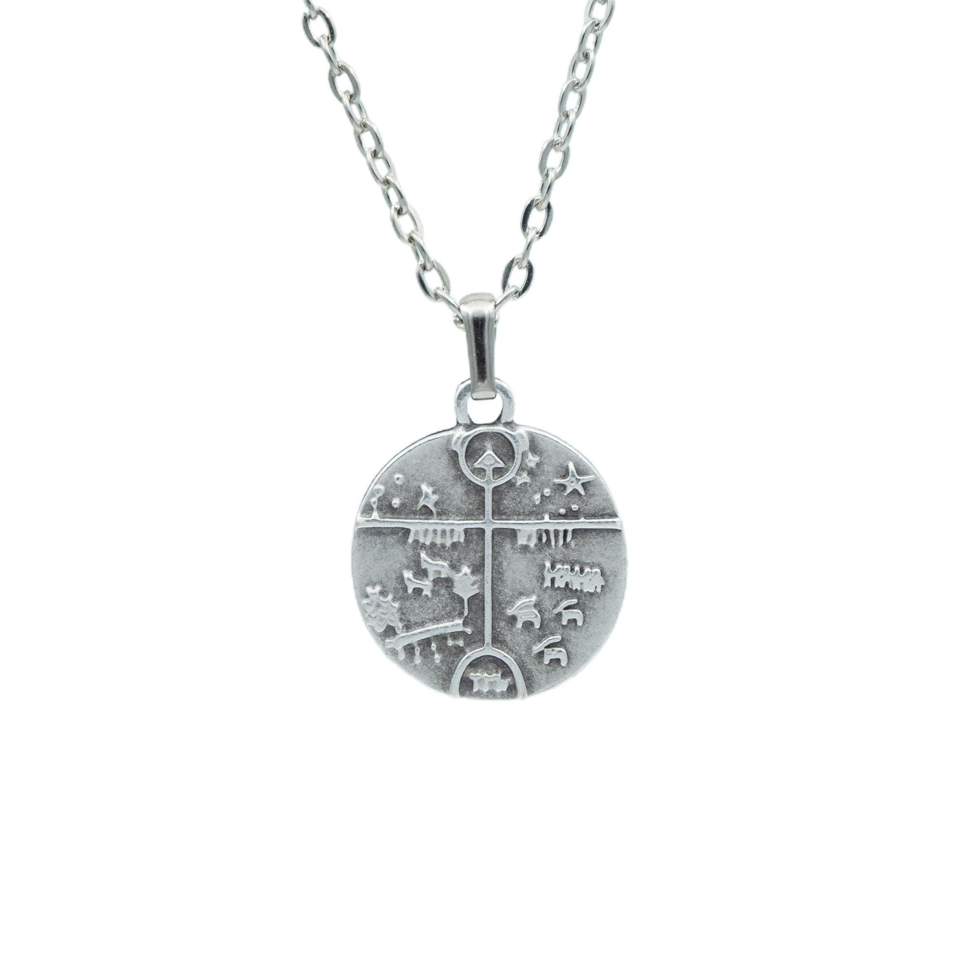 Şaman Kam Davulu Kolye - Gümüş ( Silver ) Renk - 60 cm Düz Ezme Zincir Kolye