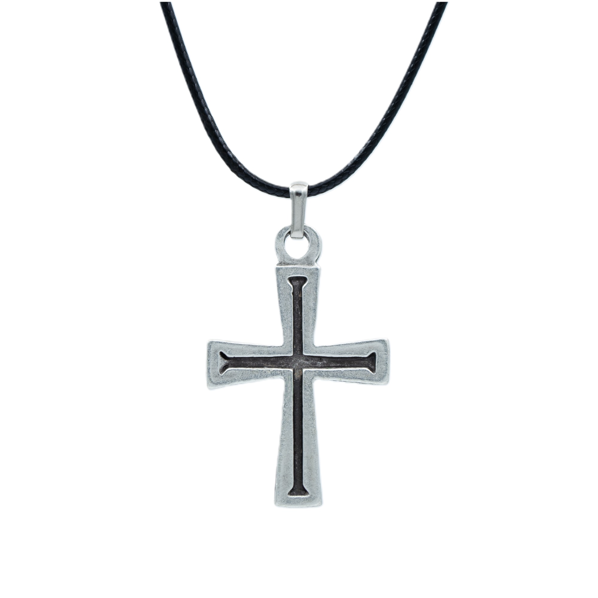 Haç Kolye - Gümüş ( Silver ) Renk - 60 cm Deri İp Kolye