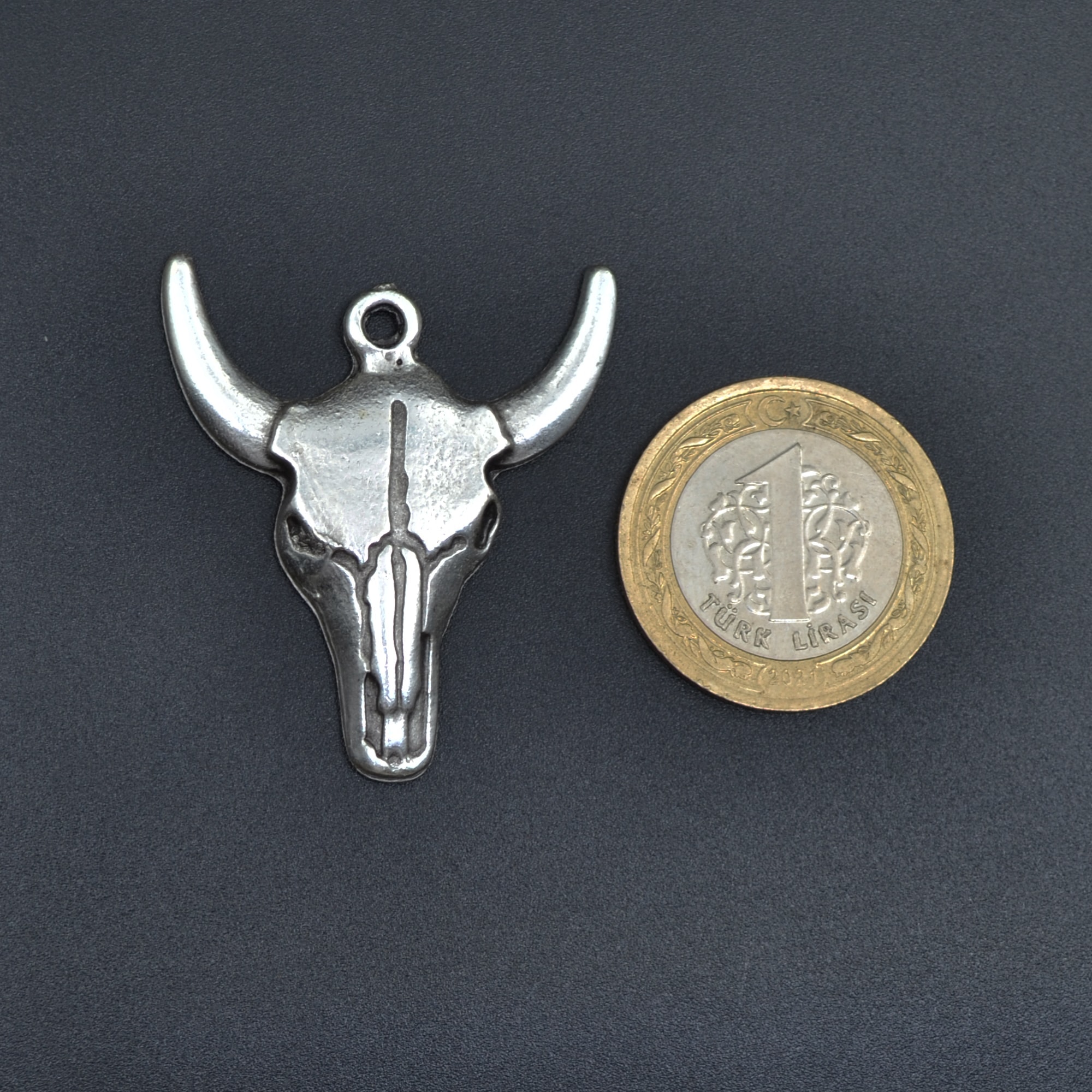 Boğa - Kuru Kafa Kolye - Gümüş ( Silver ) Renk - 60 cm Deri İp Kolye