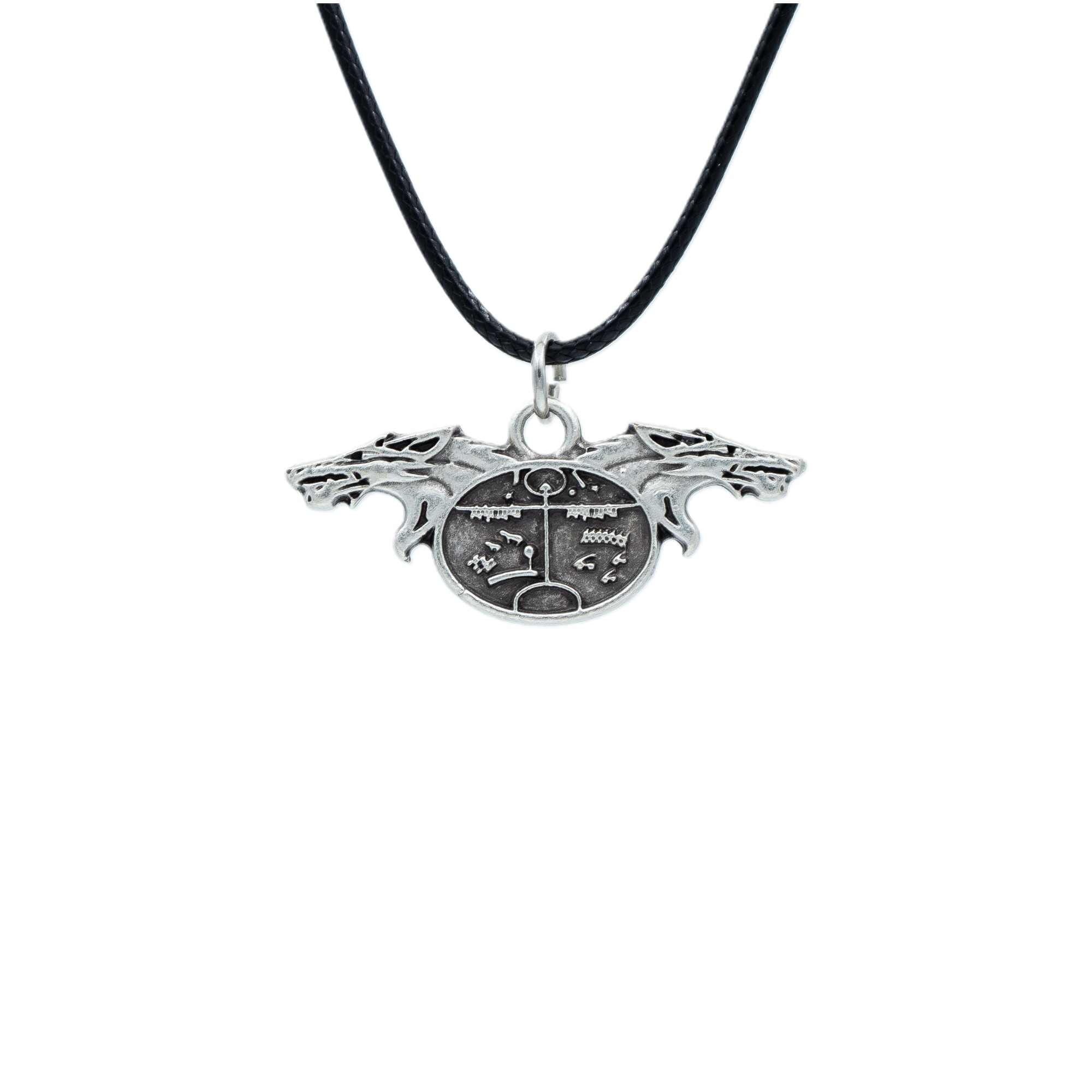 Şaman Kam Davulu - Kurt Kolye - Gümüş ( Silver ) Renk - 60 cm Deri İp Kolye