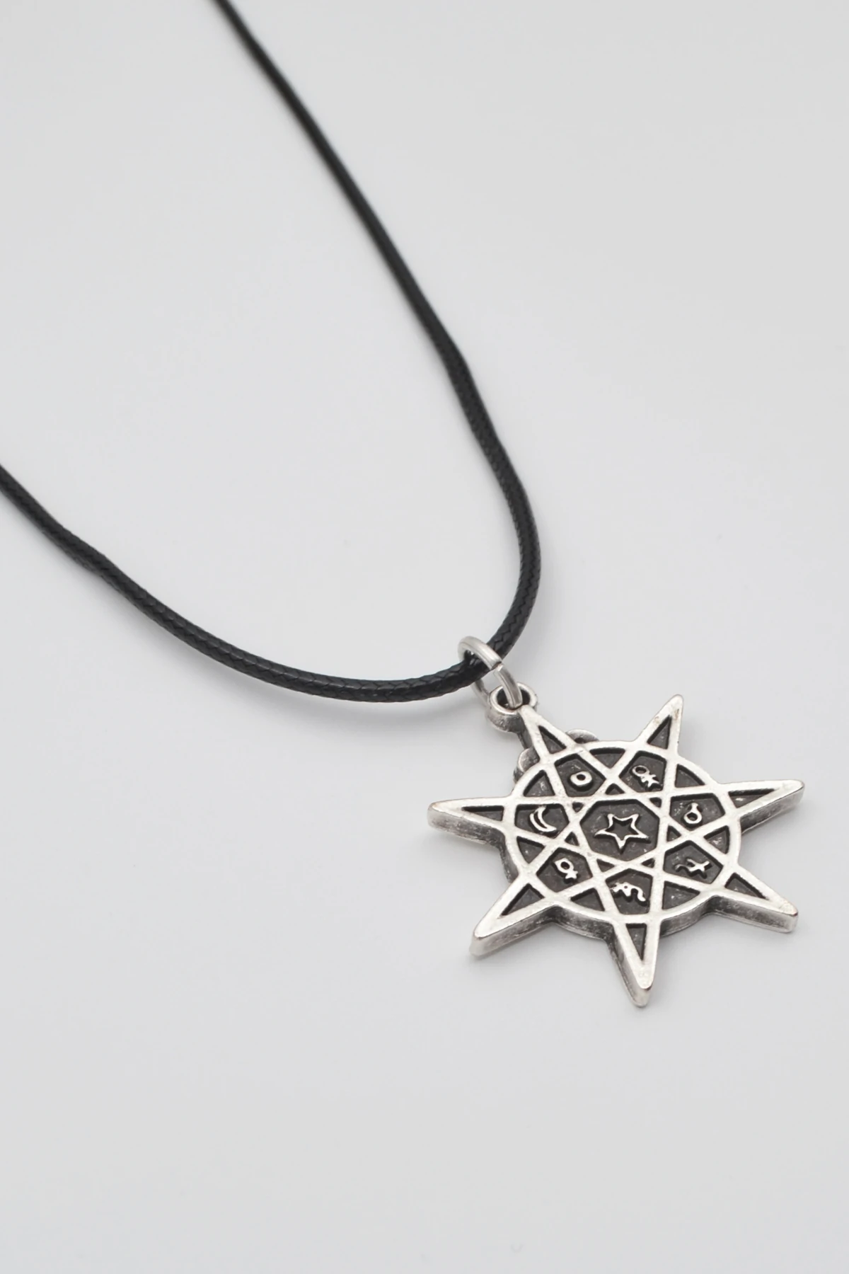 Astroloji 7 Nokta Yıldız Kolye - Gümüş ( Silver ) Renk - 60 cm Deri İp Kolye
