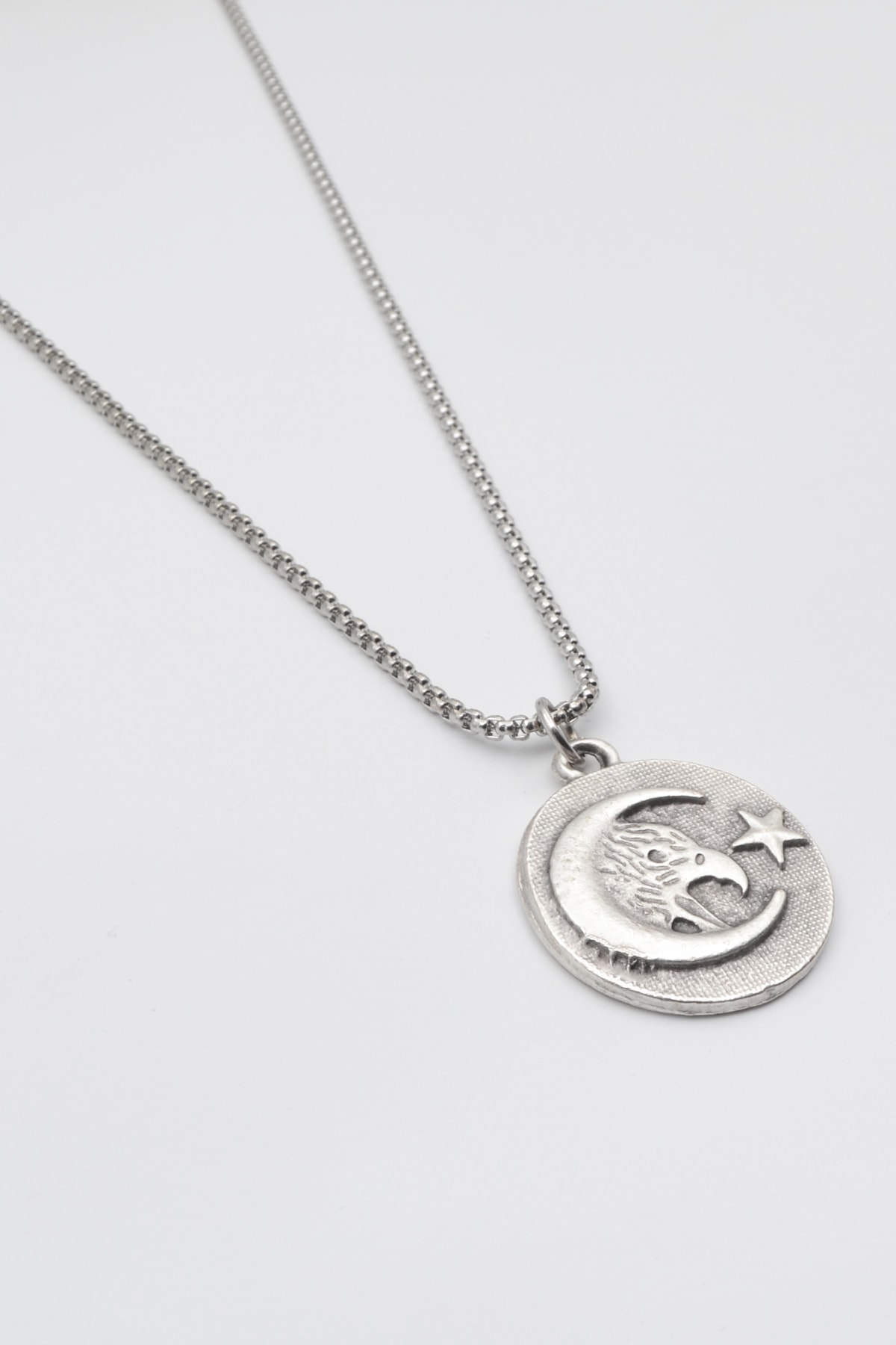 Ay Yıldız ve Kartal Figürlü Kolye - Gümüş ( Silver ) Renk - 60 cm Örme Zincir Kolye