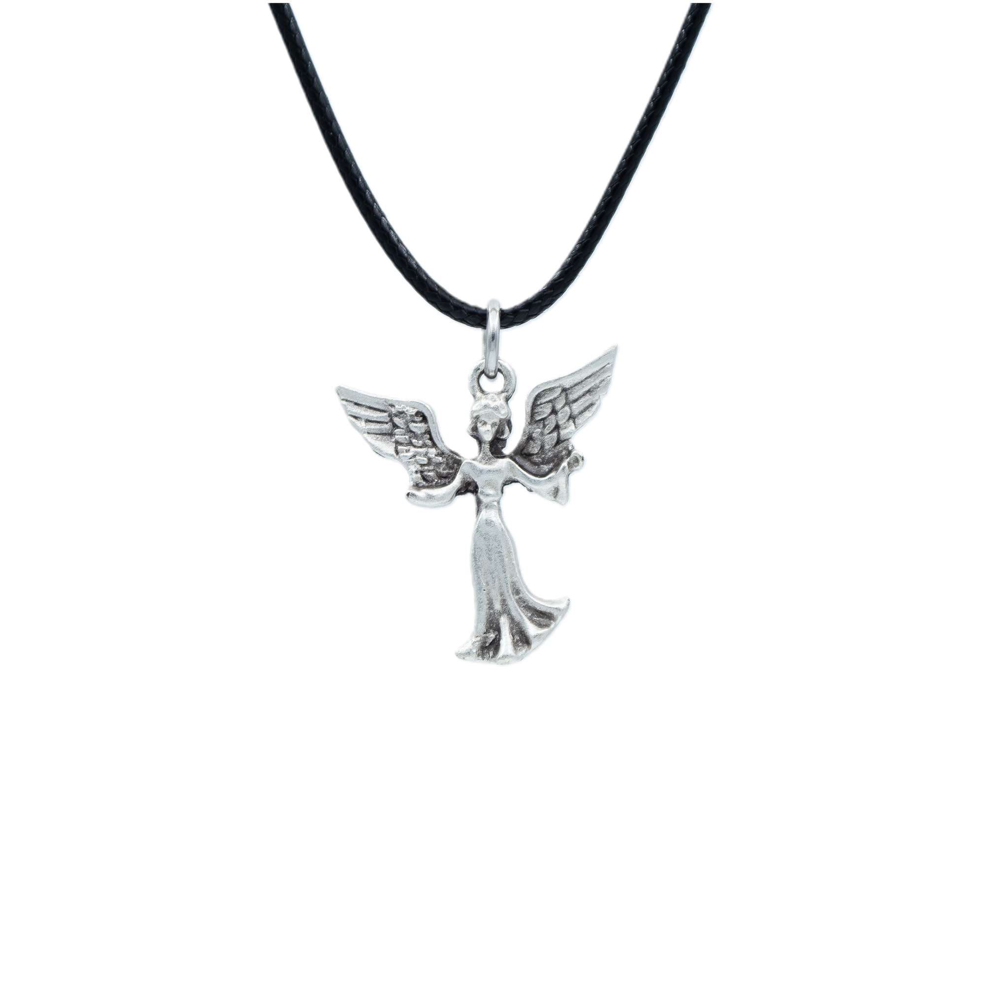 Minimal Kanatlı Melek Kolye - Gümüş ( Silver ) Renk - 60 cm Deri İp Kolye
