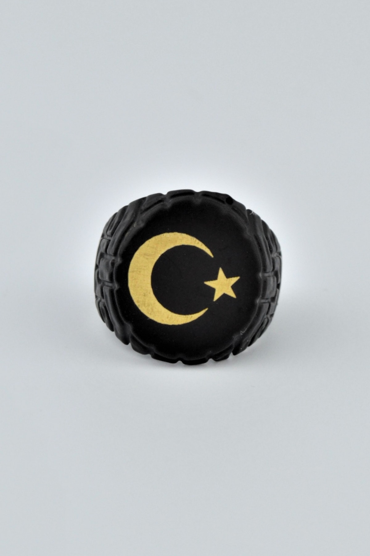 Ay Yıldız Yuvarlak Mat Siyah Ayarlamalı Erkek Yüzük