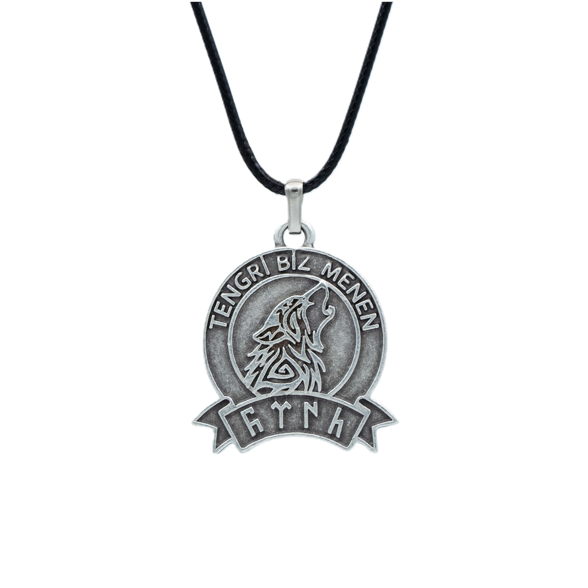 Tengri Biz Menen Göktürkçe Türk Kolye - Gümüş ( Silver ) Renk - 60 cm Deri İp Kolye