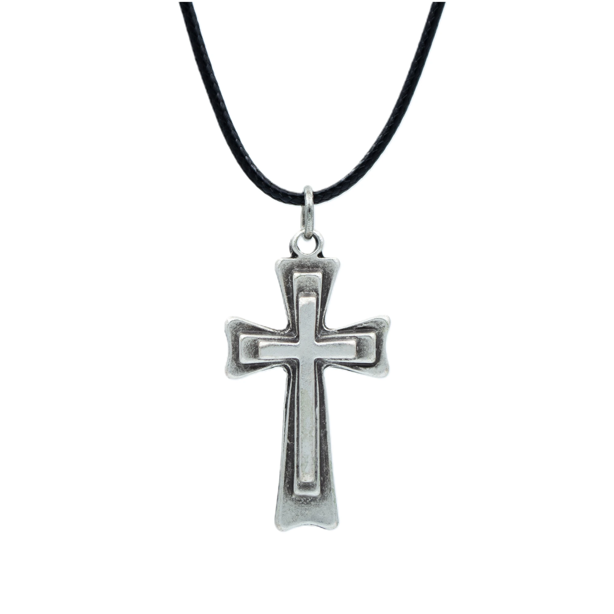 Haç Kolye - Gümüş ( Silver ) Renk - 60 cm Deri İp Kolye