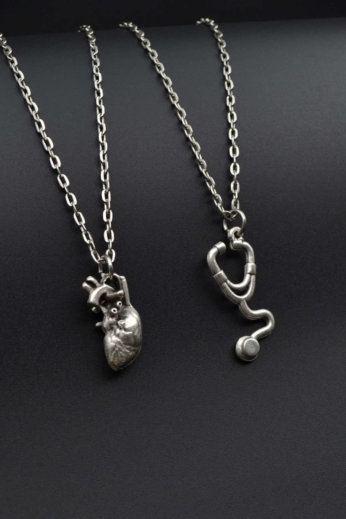 2'li Steteskop - Kalp Erkek Kadın Kolye Seti