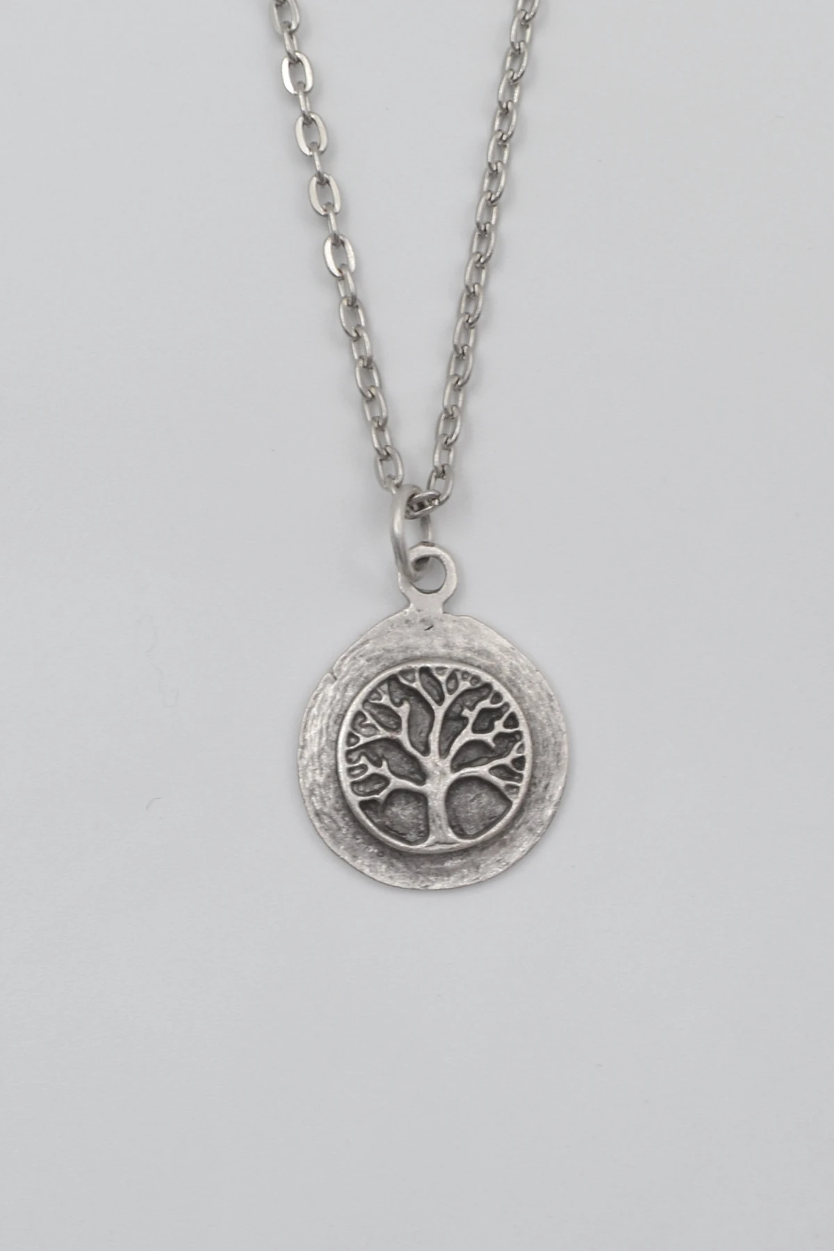 Yaşam - Hayat Ağacı Düz Ezme Zincir Kolye - Antik Gümüş Kaplama - Kadın Erkek - 60 cm