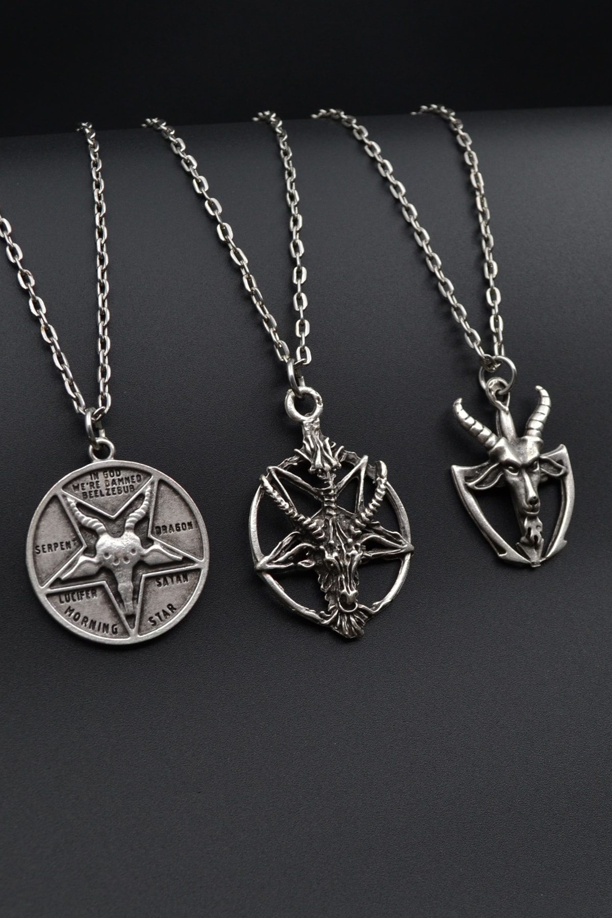 3'lü Lucifer Morning Star Pentagram Pagan Keçi Şeytan Erkek Kadın Kolye Seti