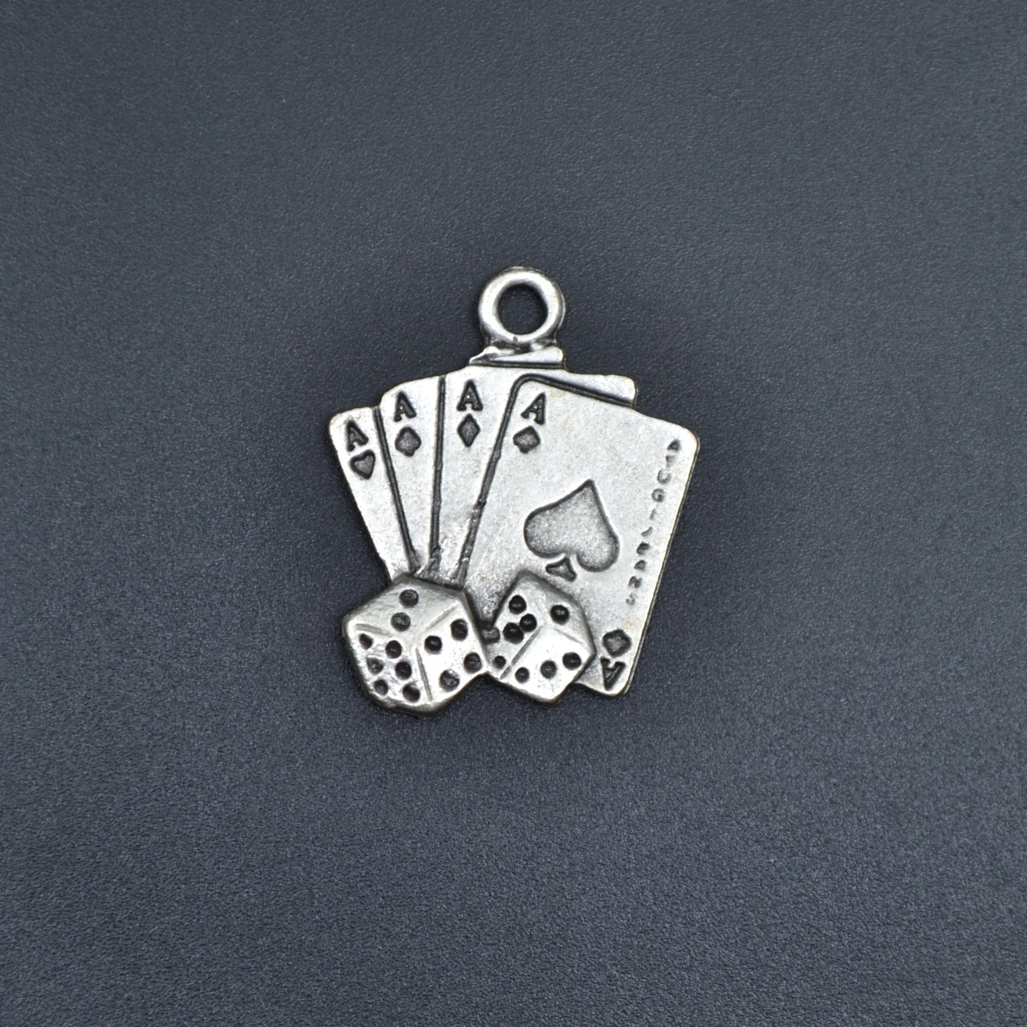 Maça As Poker İskambil - Zar Kolye - Gümüş ( Silver ) Renk - 60 cm Deri İp Kolye