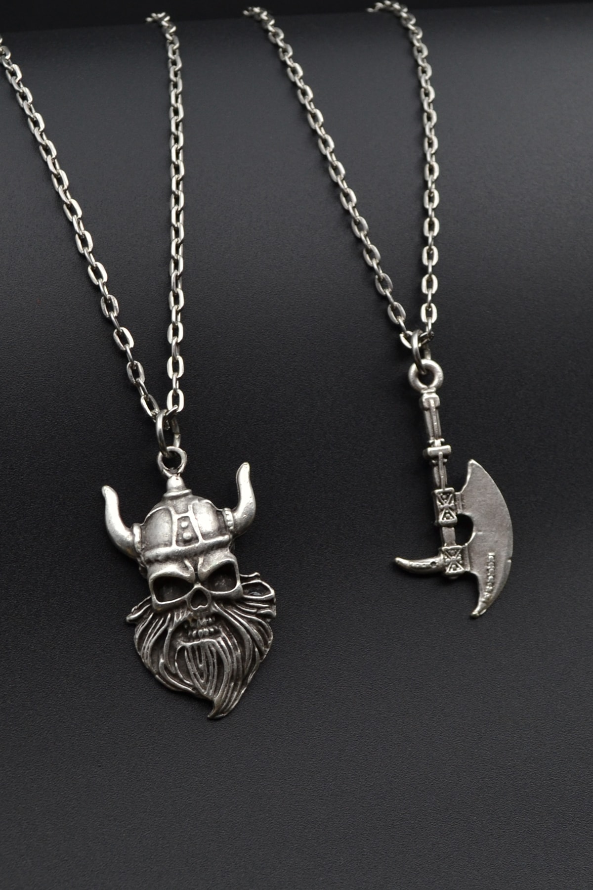 2'li Viking Sakallı Kuru Kafa - Balta Erkek Kadın Kolye Seti