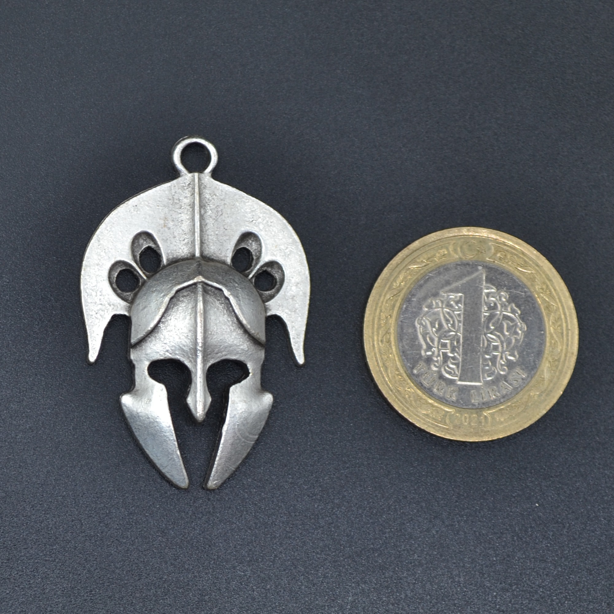 Gladyatör Miğfer Kolye - Gümüş ( Silver ) Renk - 60 cm Deri İp Kolye