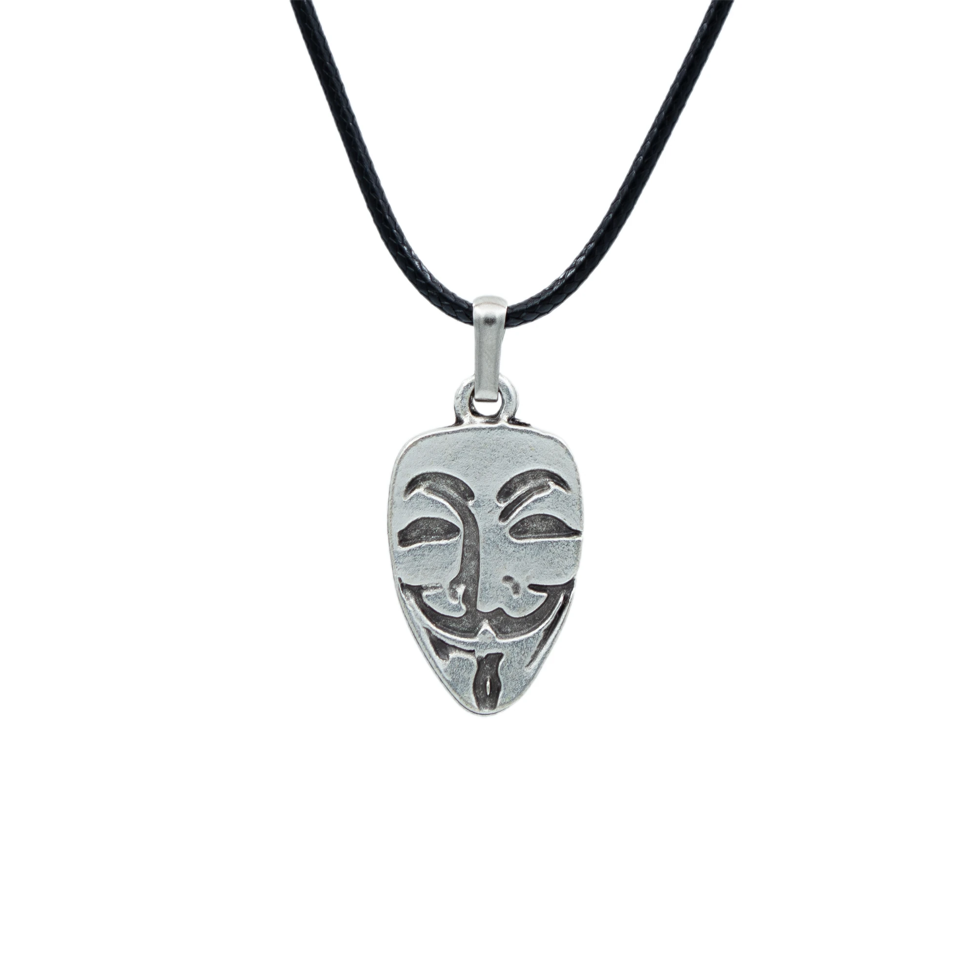 V For Vendetta Kolye - Gümüş ( Silver ) Renk - 60 cm Deri İp Kolye