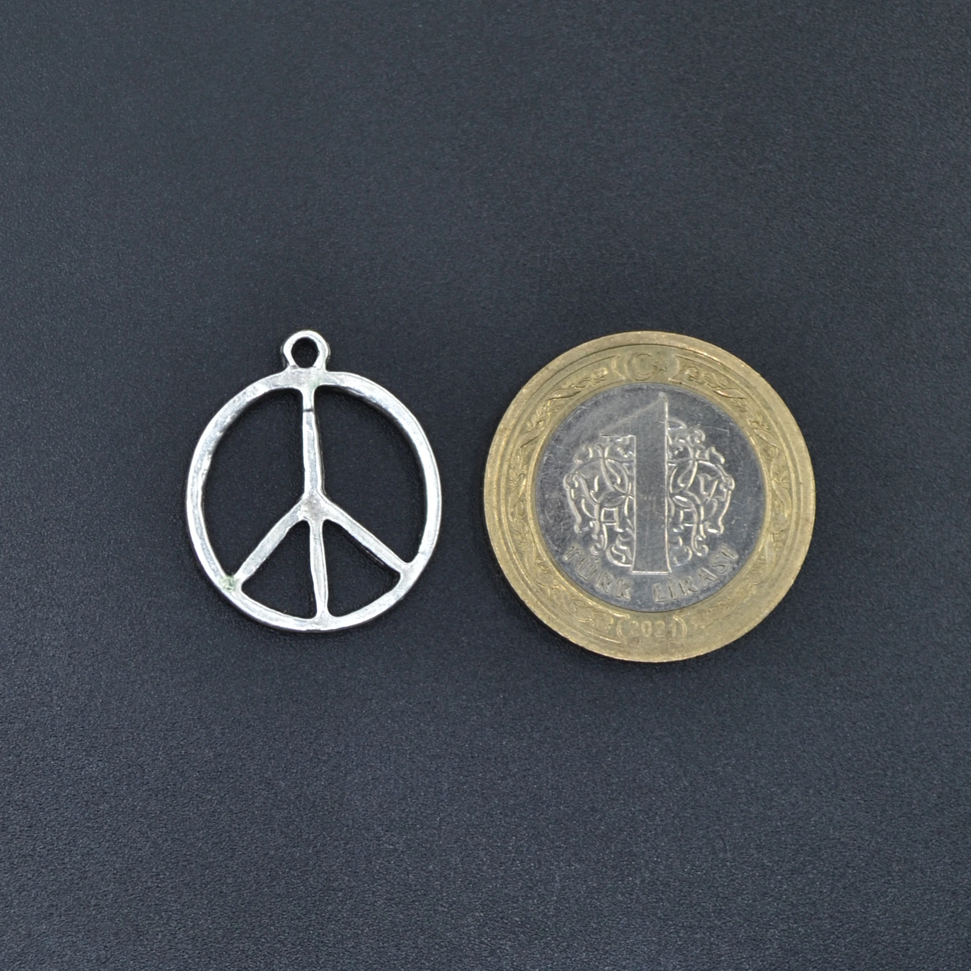 Peace Barış Sembolü Kolye - Gümüş ( Silver ) Renk - 60 cm Deri İp Kolye