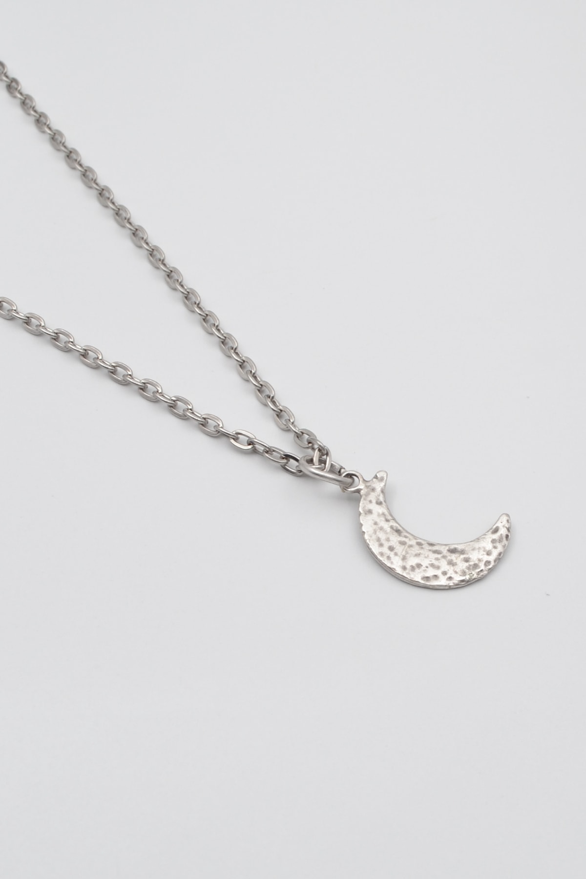 Ay Düz Ezme Zincir Kolye - Antik Gümüş Kaplama - Kadın Erkek - 60 cm