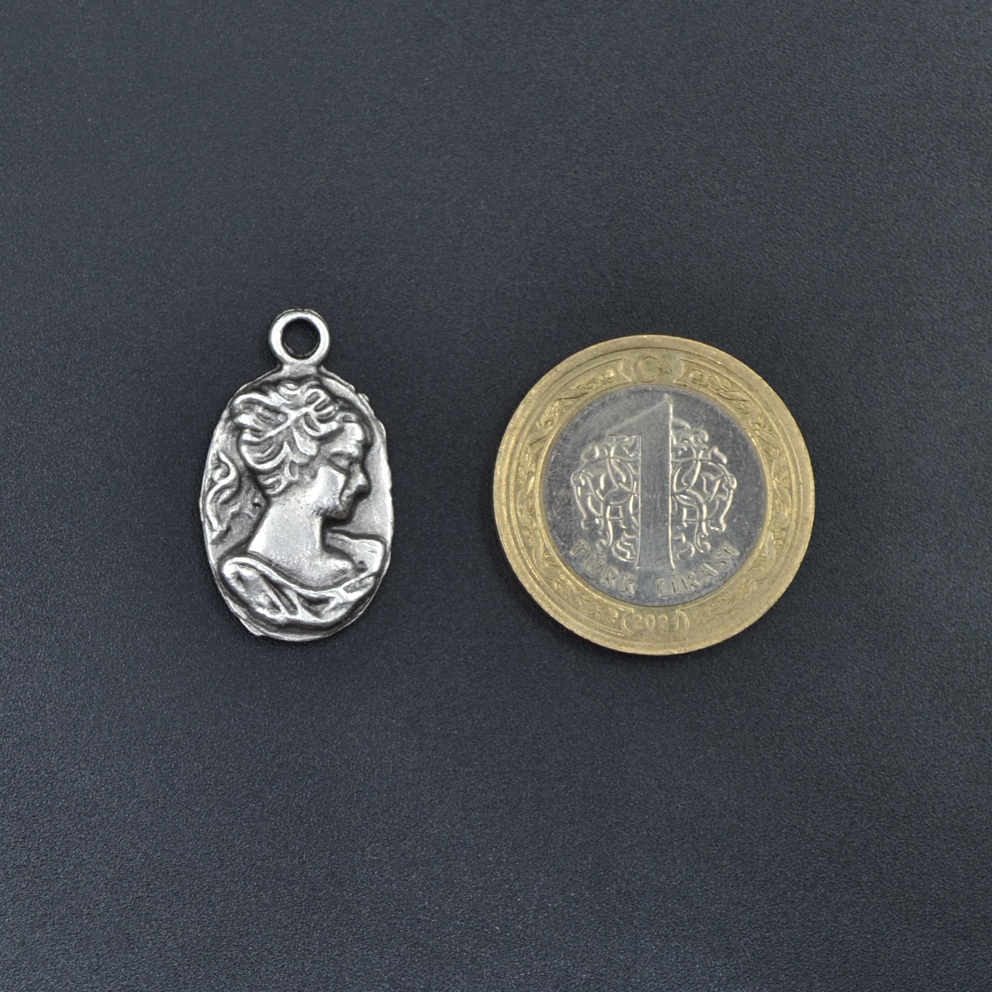 Minimal Vintage Cameo Kolye - Gümüş ( Silver ) Renk - 60 cm Deri İp Kolye